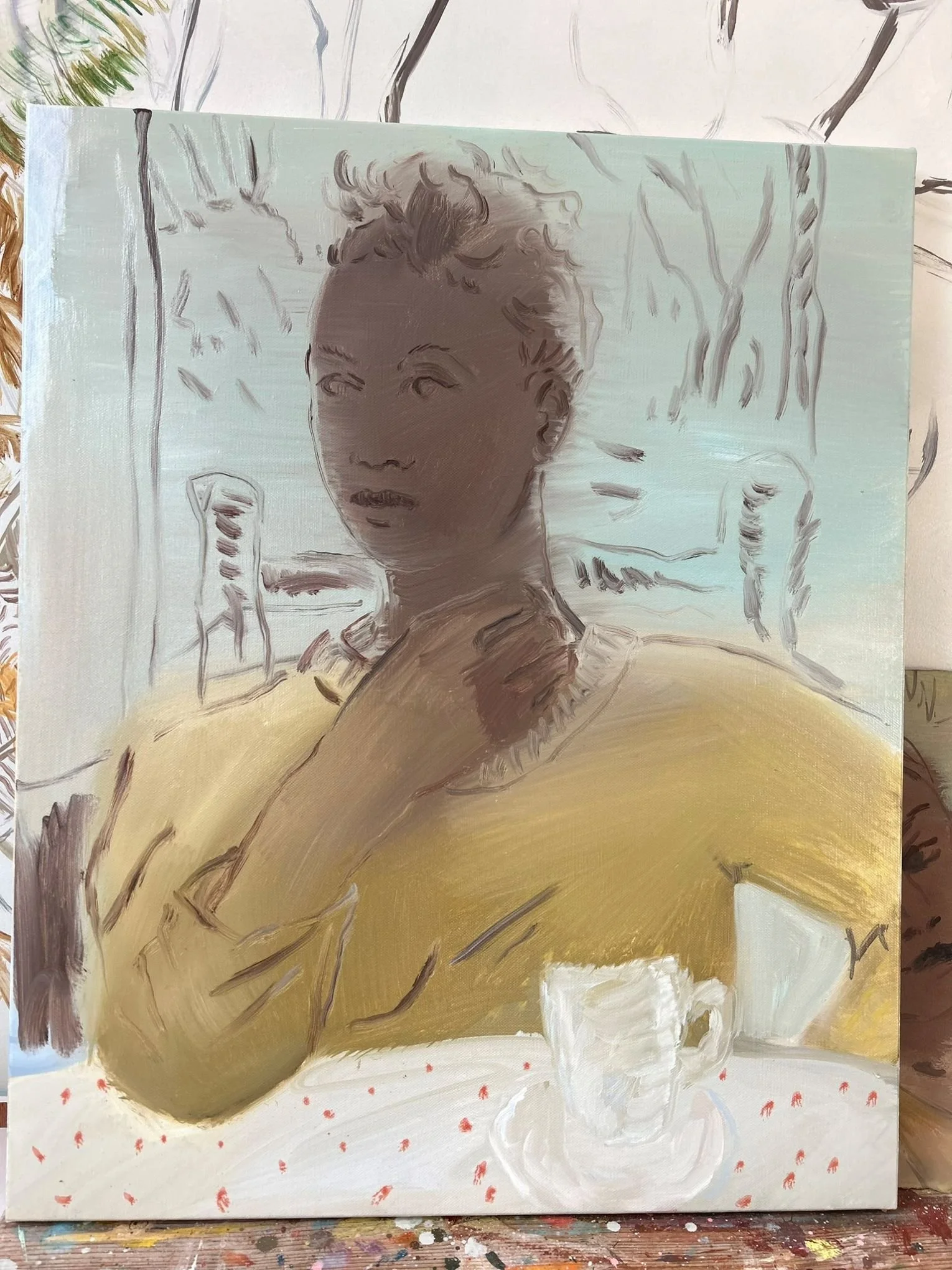 Peinture à l'huile sur papier mirrors and windows par l'artiste Marie Michelle Le Millier, 2024. Une œuvre figurative contemporaine évoquant la mémoire collective.