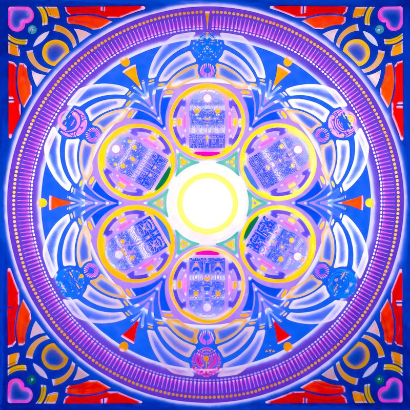 StarWheel mandala painting SW 060 Dolphin Pod by visionary artist Aya.