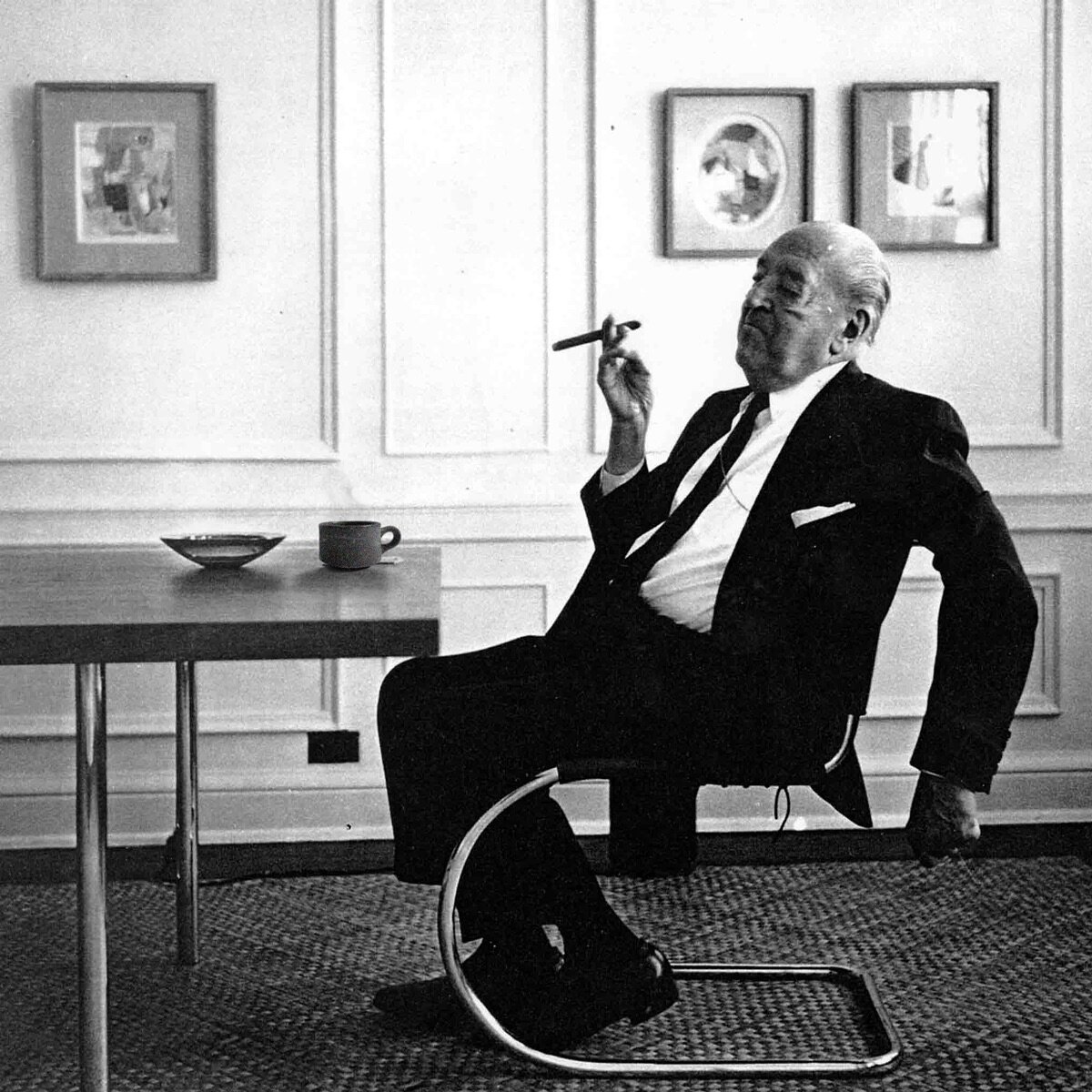The iconic Mies, mulling over a coffee and ever-present cigar. 

If our cups were around back then, we&rsquo;d like to think he&rsquo;d be a Diner Short type, sipping away at a fresh pot while focused on his next design. 

Mies ranks towards the top 