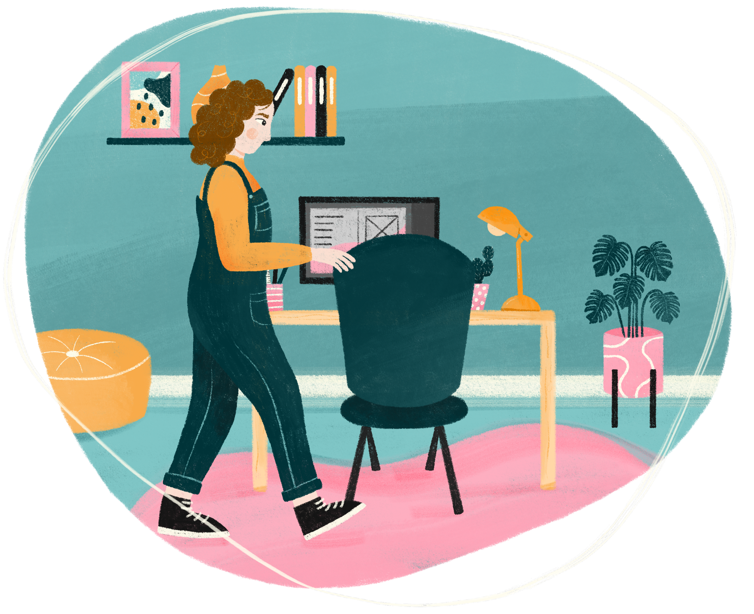 Illustration of Chloe walking towards her desk. On her desk is a computer showing an example of a sketched layout design. On the wall is a shelf with books, a print and a vase. To the left of Chloe is a stool seat and to the right is a house plant.