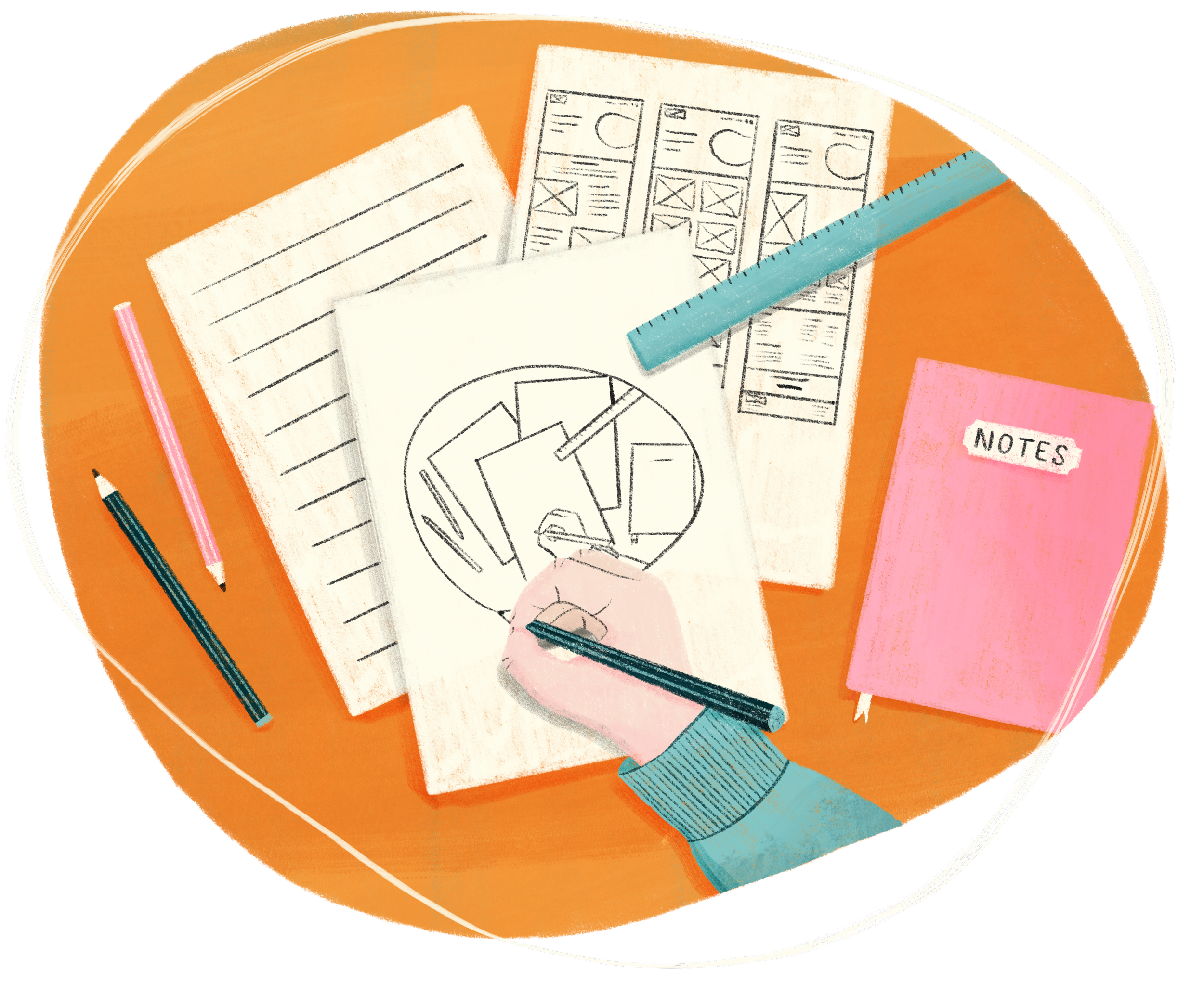 Illustration of Chloe sketching out ideas for her website design on 3 sheets of paper, with a notebook to the right, a rule in the top right and pencils on the left