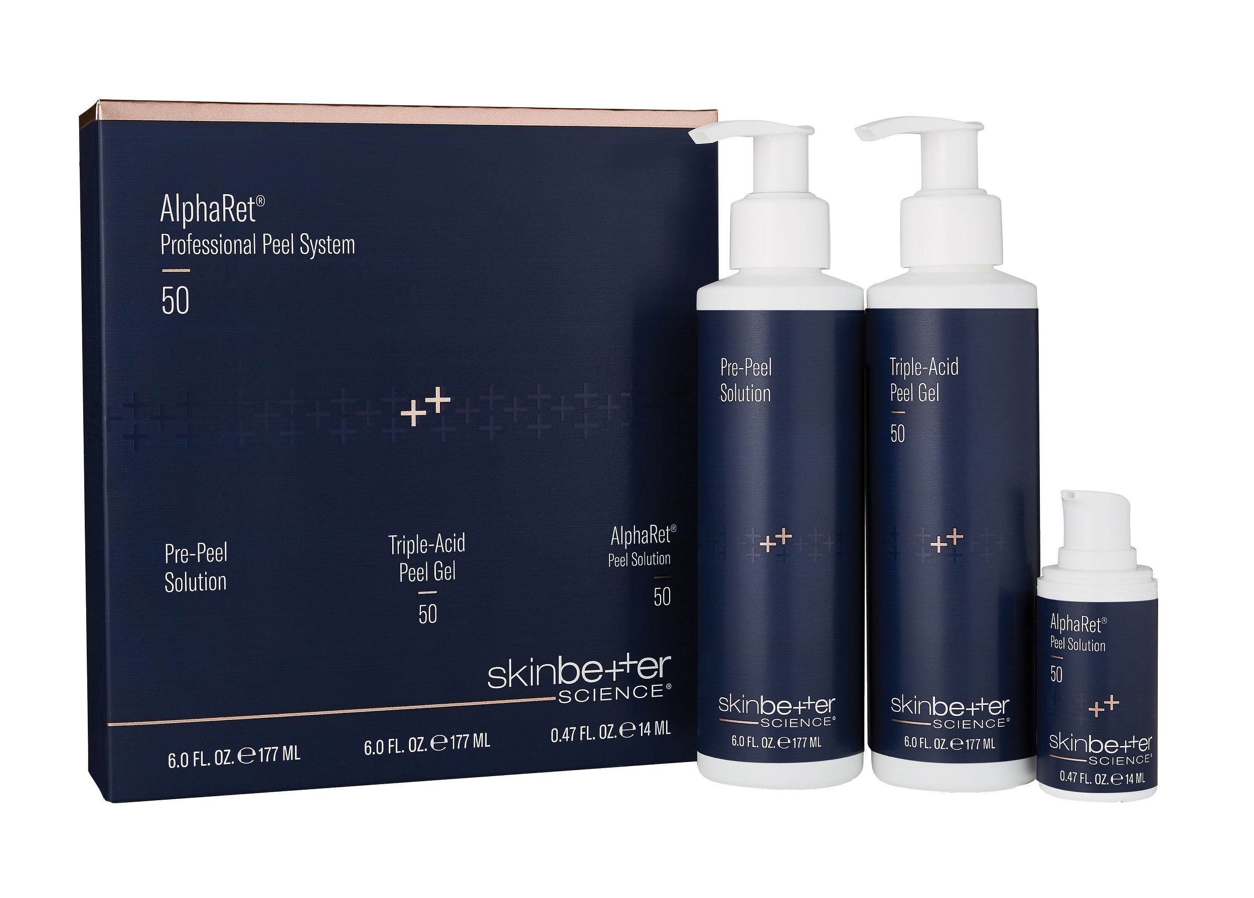 SkinBetter Science AlphaRet Professional Peel System products, including Pre-Peel Solution, Triple-Acid Peel Gel, and Peel Solution bottles with blue packaging.