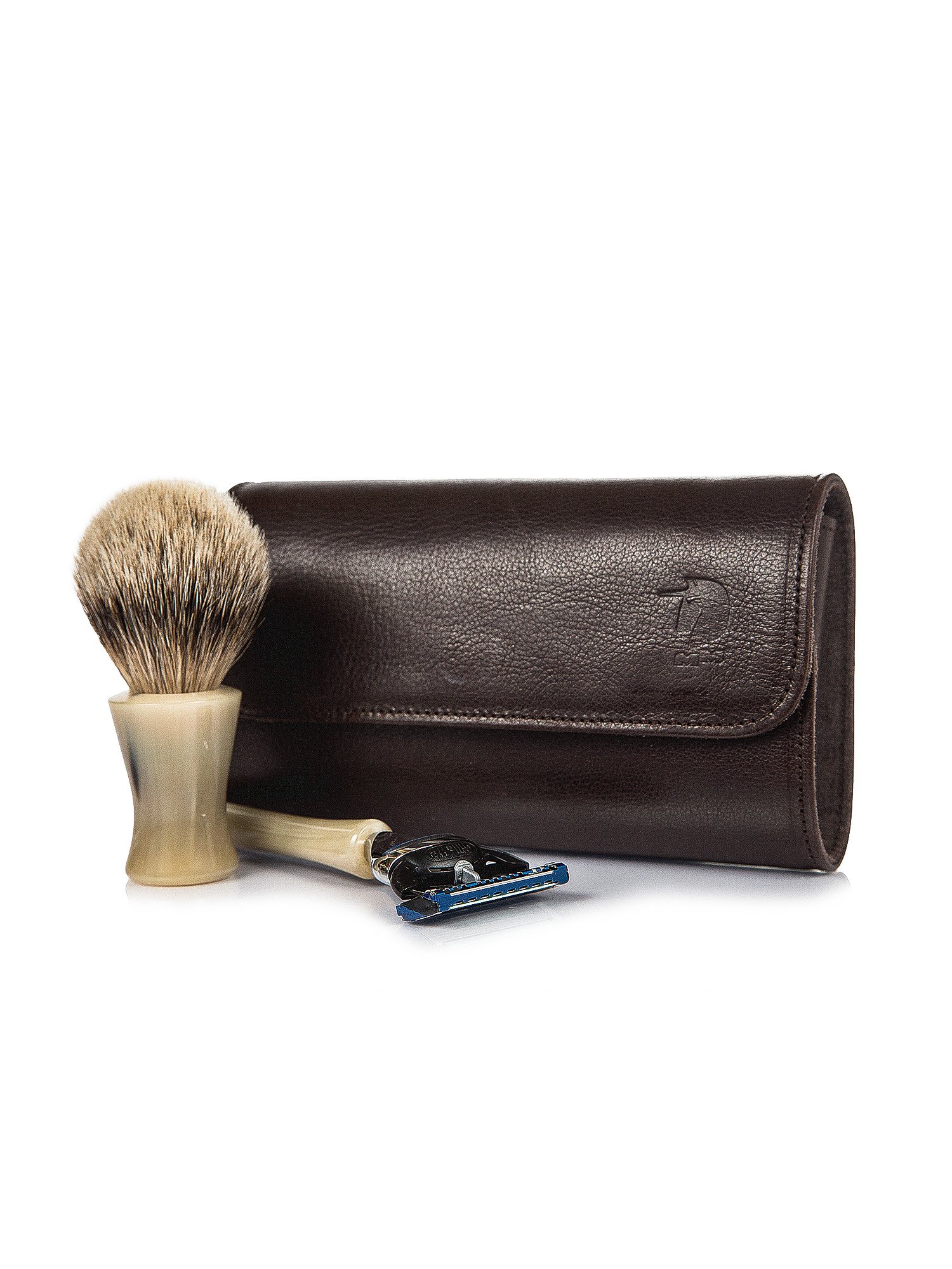 Set rasoio Fusion e pennello in corno con custodia in pelle