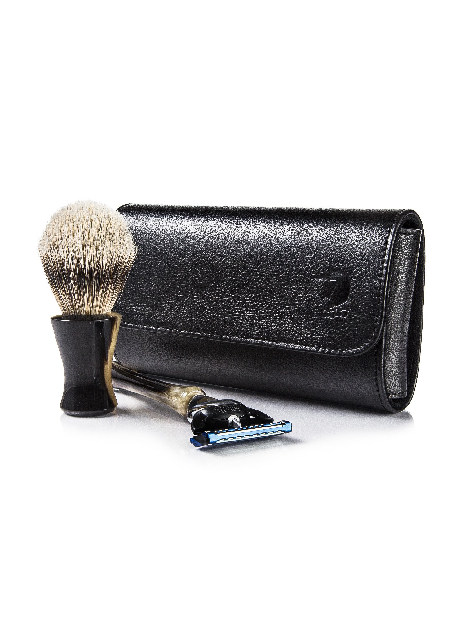 Genuine horn Fusion razor and shaving brush set with leather case