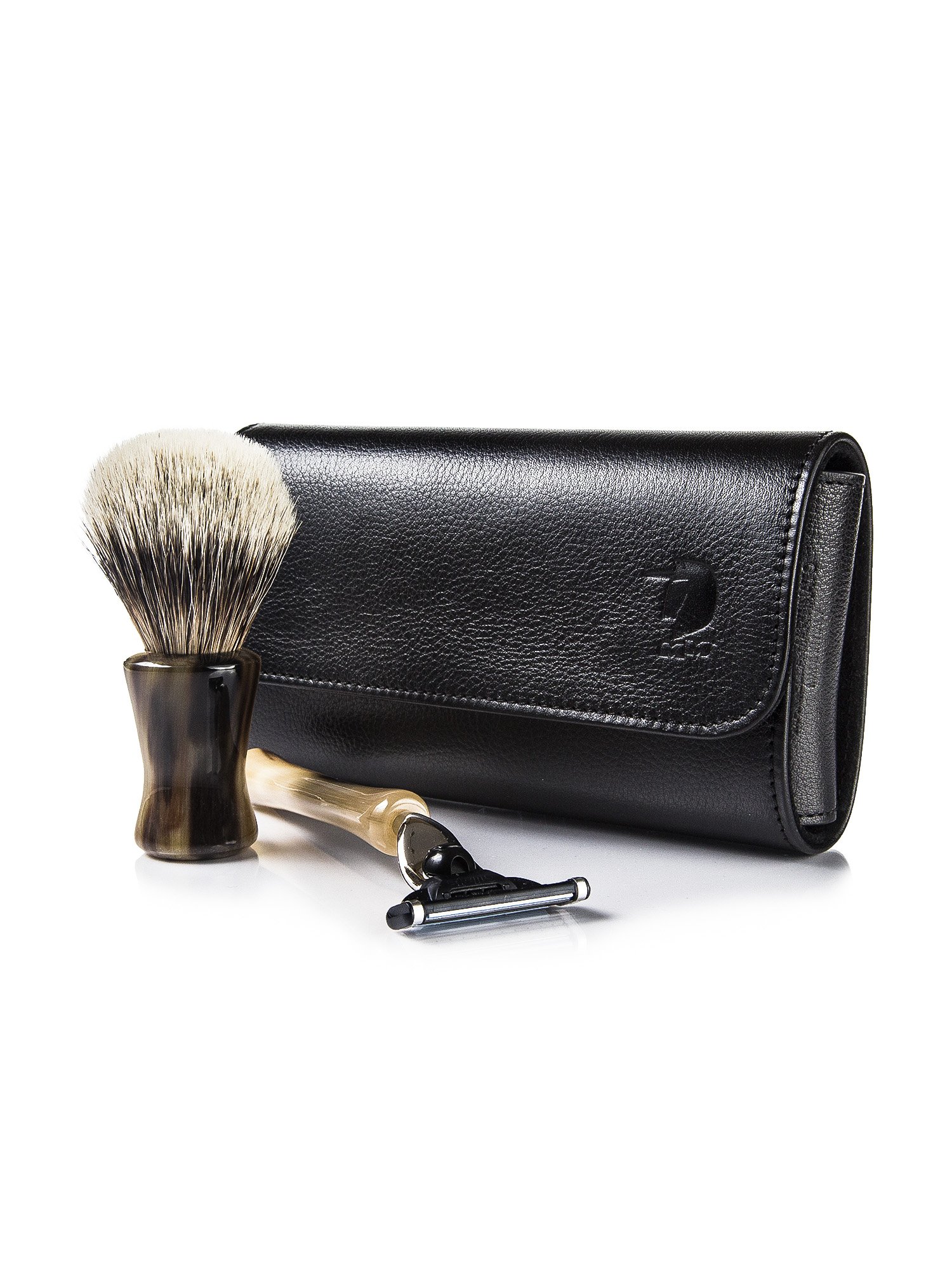 Genuine horn Mach 3 razor and shaving brush set with leather case
