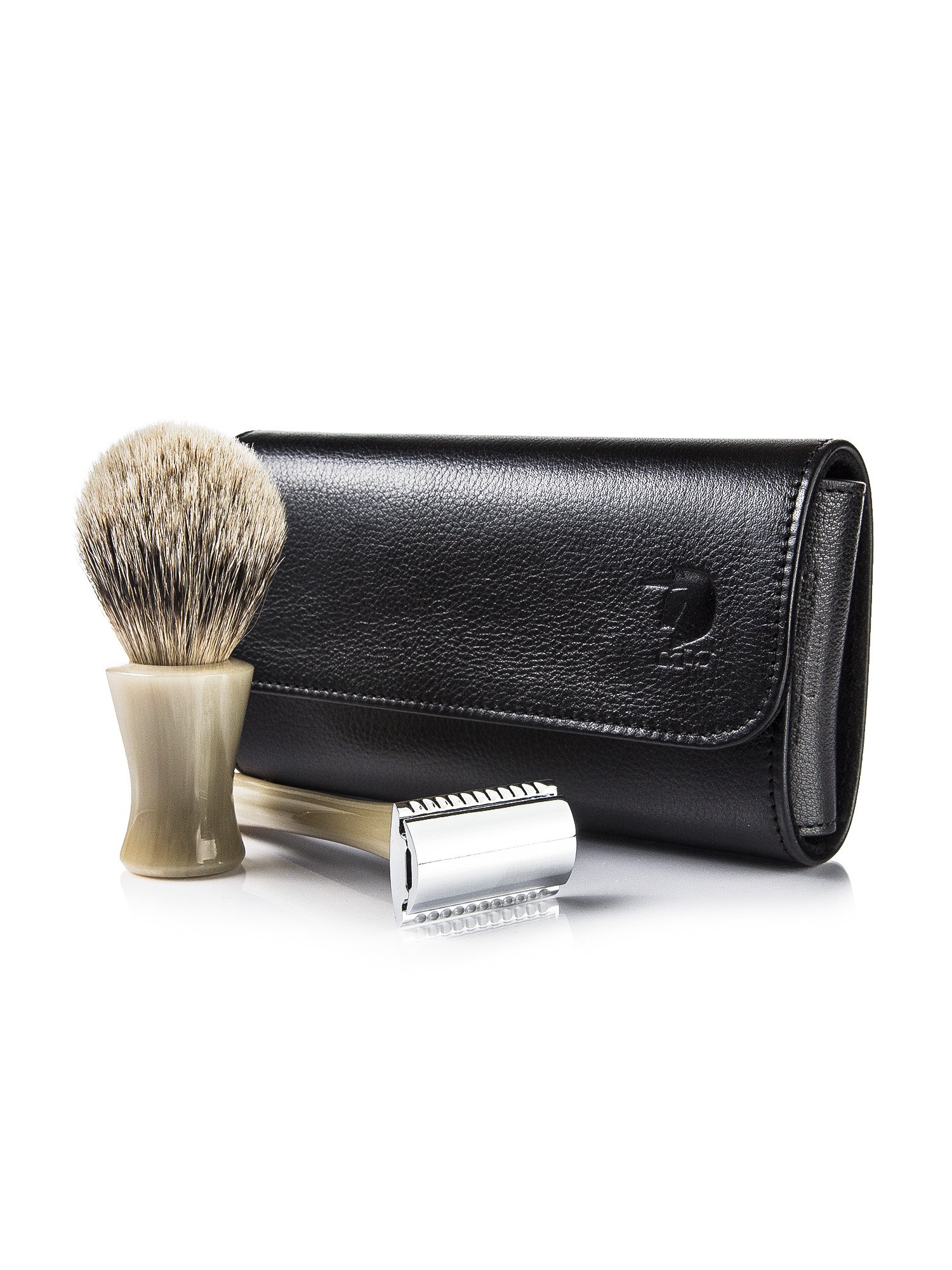 Genuine horn safety razor and shaving brush set with leather case