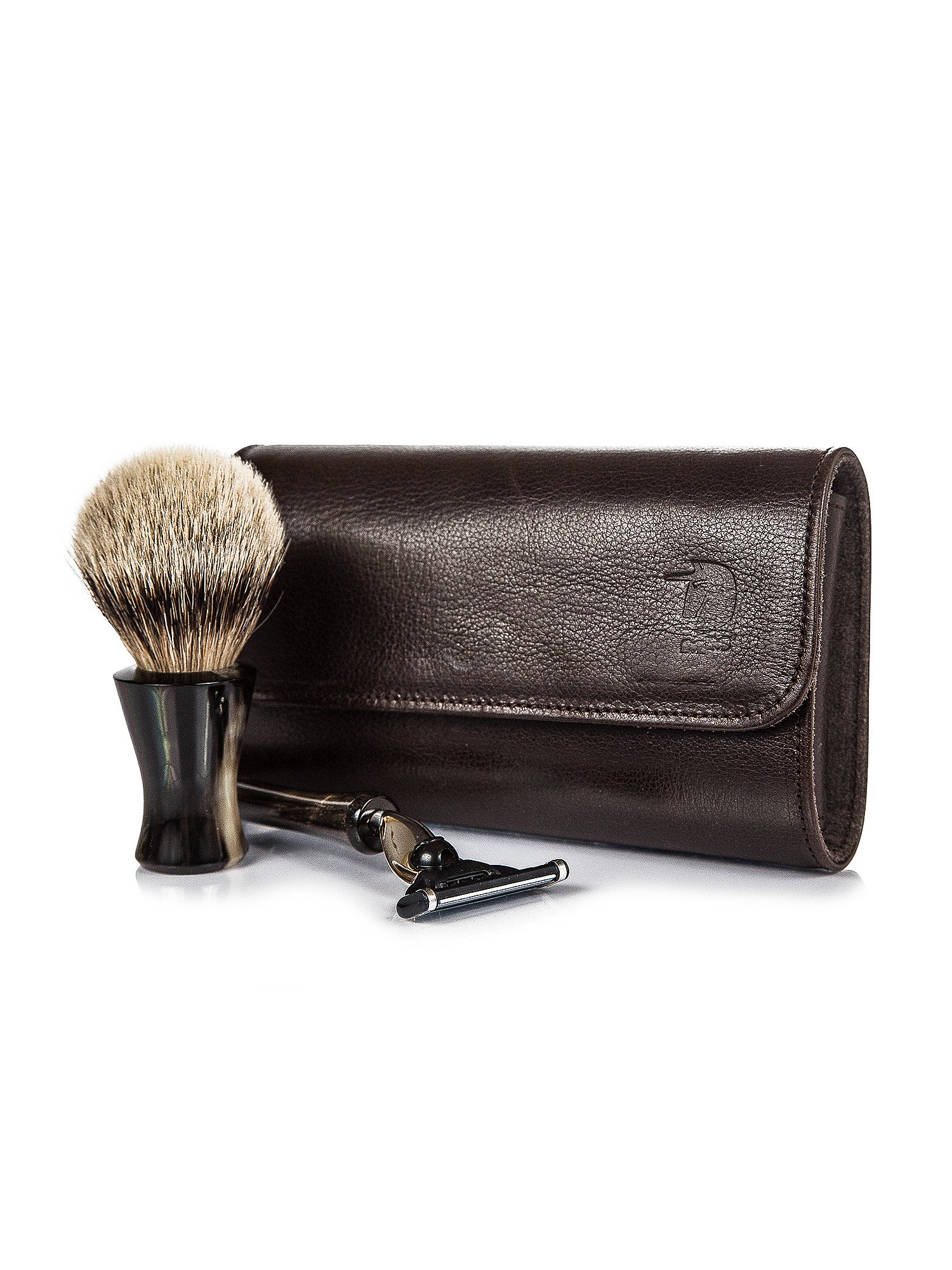 Genuine horn Mach 3 razor and shaving brush set with leather case