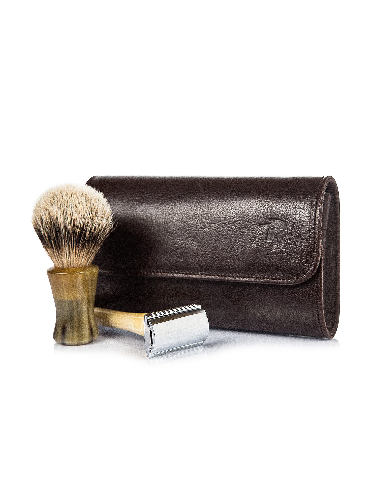 Genuine horn safety razor and shaving brush set with leather case