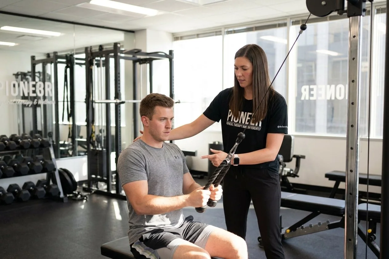 Patient working with a provider at a sports physical therapy clinic in Houston, TX during a performance-based strength training session