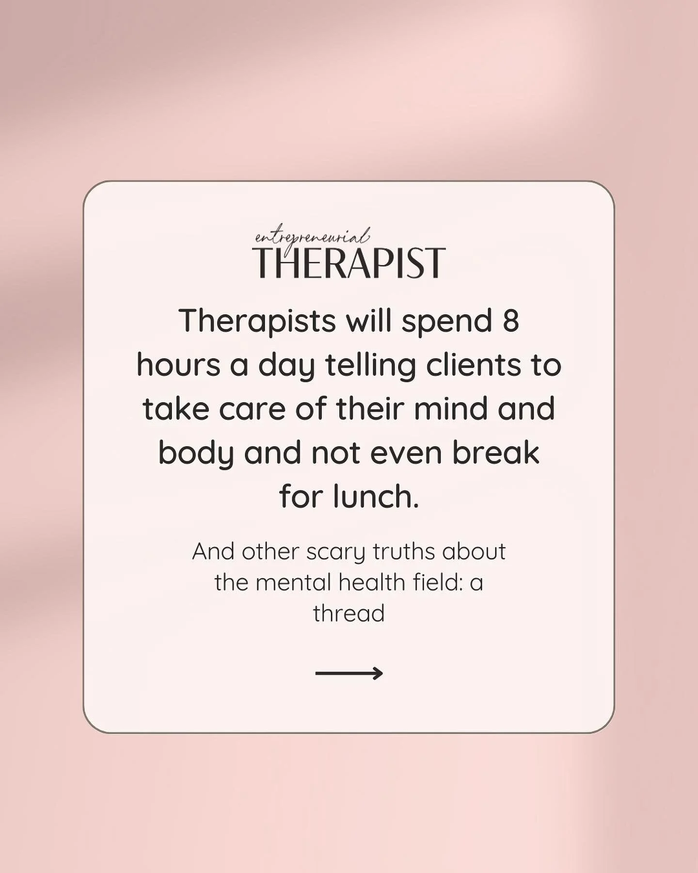 Private practice doesn&rsquo;t magically solve these issues: often therapists start out by building practices that don&rsquo;t allow for lunch breaks or time off either bc that&rsquo;s all we know.
⠀⠀⠀⠀⠀⠀⠀⠀⠀
BUT it does give you an opportunity for an