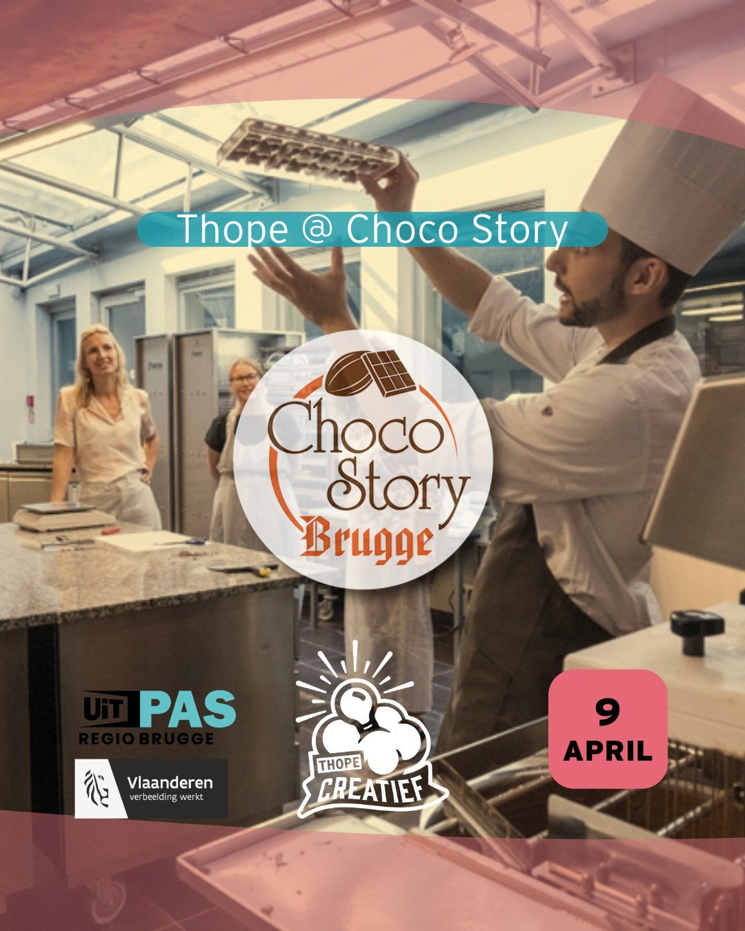 Beste chocoladefanaten!
Tijdens de paasvakantie gaat Thope op zoek naar de nieuwe Willy Wonka's van Brugge!

Op woensdag 9 april om 13u kunnen jullie samen met het jeugdhuis de rijke geschiedenis van chocolade opsnuiven in Choco Story Brugge. Daar ko