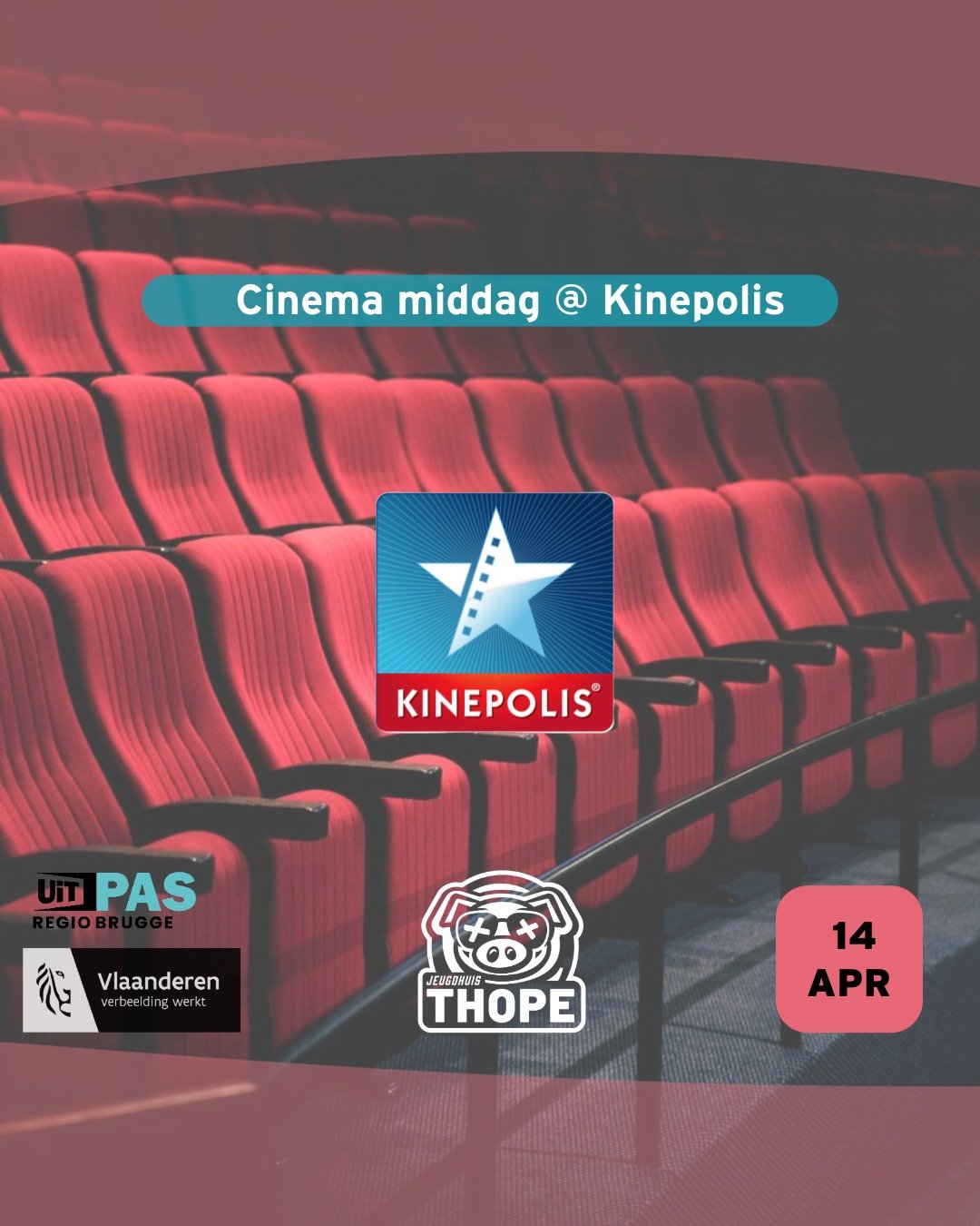Filmfanaten opgelet, want Thope heeft iets in petto!

Op maandag 14 april gaan wij in de namiddag langs bij onze vrienden van Kinepolis Brugge, en daar wil je bij zijn!

Op de inschrijvingen is het nog even wachten, maar via de link hieronder of op I