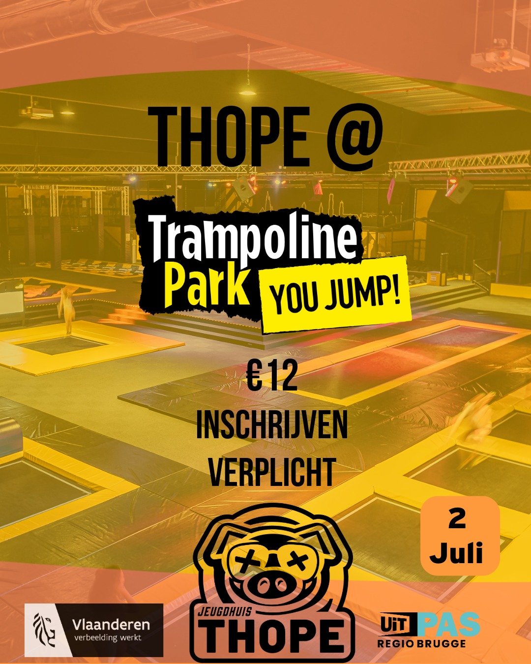 🤸&zwj;♂️ Woensdag 2 juli gaan we naar You Jump Brugge! 🚌🎉

We trekken naar het trampolinepark voor een namiddag vol actie! Vergeet zeker je anti-slipsokken mee te nemen als je die hebt. 🧦🔥 We spreken af aan Thope om 14u met de fiets of aan You J