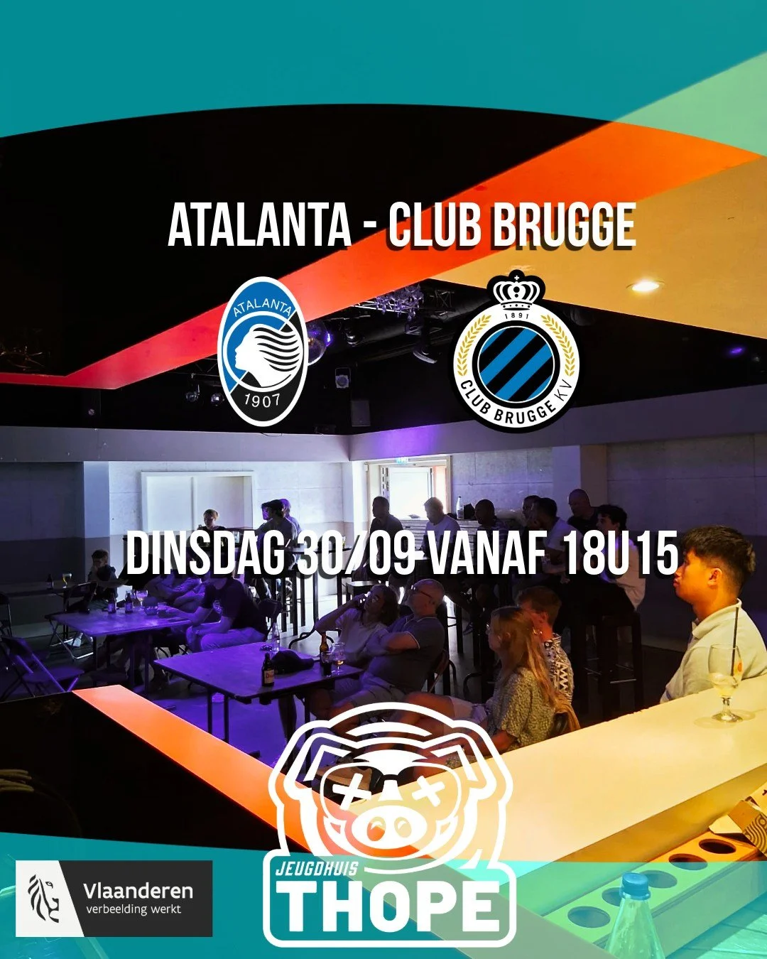 📣 Last Minute Call!
🏆 Champions League op groot scherm! ⚽

Morgen tonen we Atalanta &ndash; Club Brugge live in ons jeugdhuis!
Iedereen is welkom vanaf 18u15, de wedstrijd start om 18u45.

📍 We blijven open tot net na de match &ndash; kom dus geru