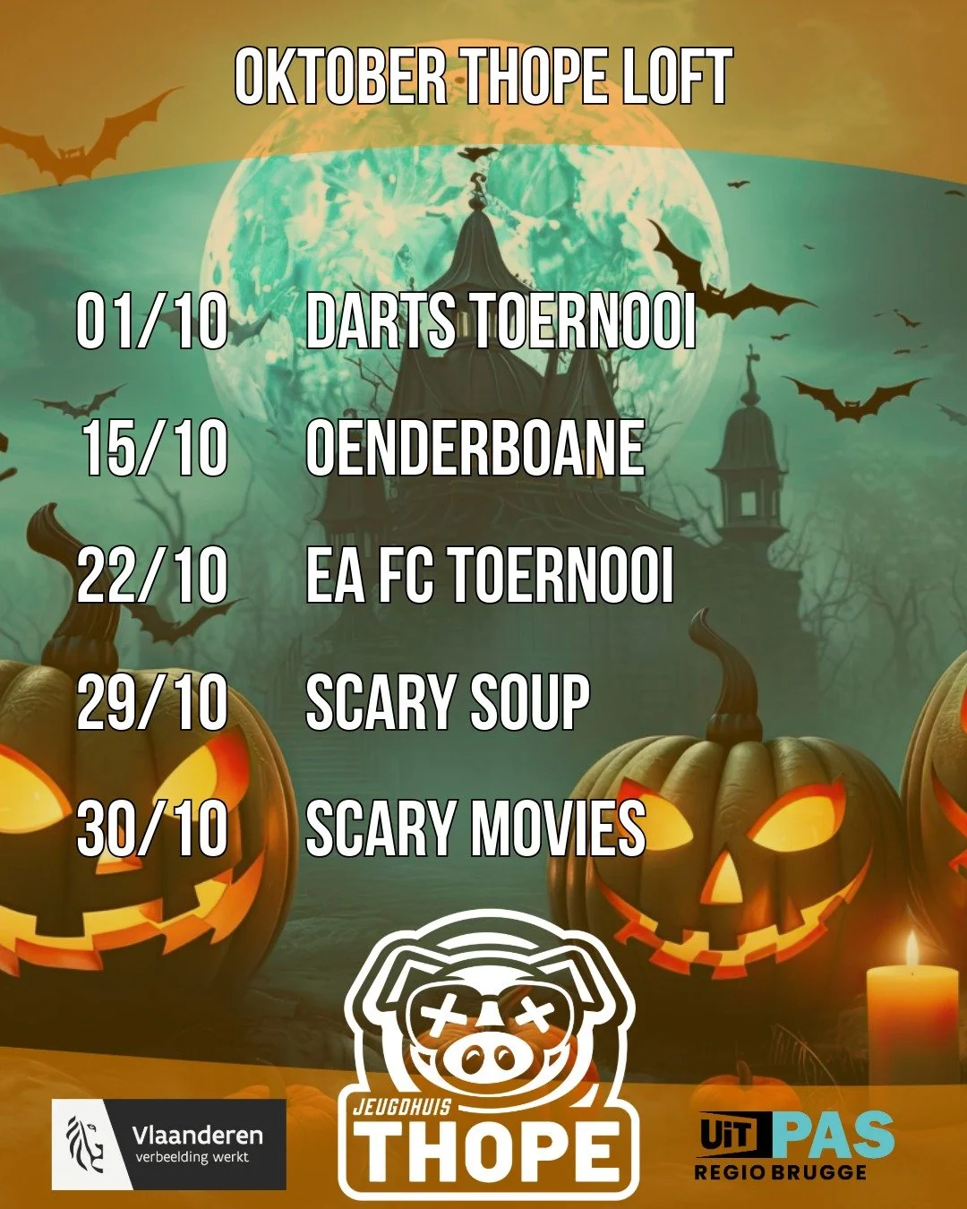 🎃👻 Oktober bij Jeugdhuis Thope! 👻🎃
Een maand vol toffe activiteiten: van darts en gaming tot griezelige soep en enge films. 🔥
📅 Zet deze data alvast in je agenda en mis niets van Thope Loft!