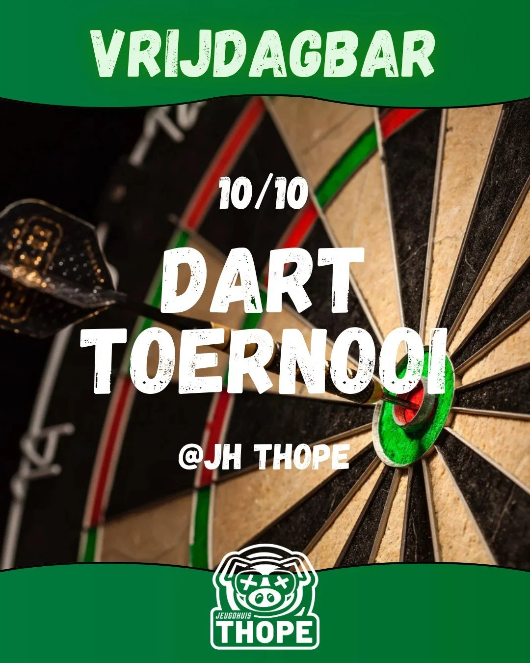 🍺Vrijdag Bar🍺

Deze vrijdag (10/10) organiseert Thope een dart toernooi. Vanaf 20u is iedereen welkom en inschrijven kan (GRATIS) tot 21u30, wanneer het toernooi van start gaat. Er is ook een prijs voor de winnaar!!! 

Geen zin in darten? Kom toch 