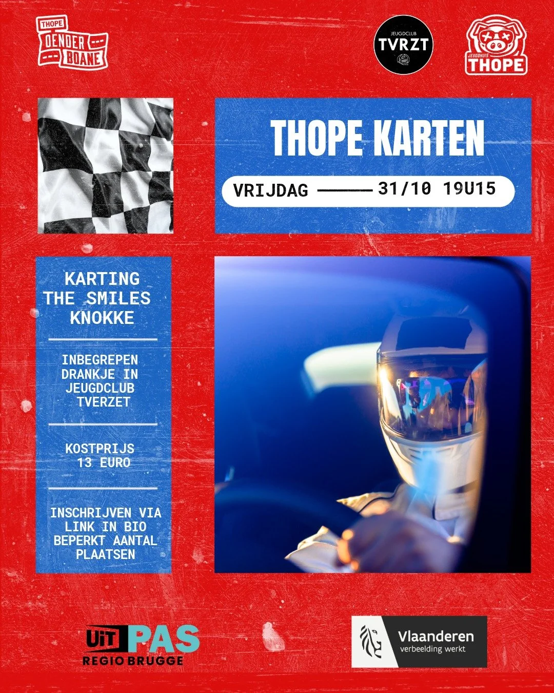 ๐๏ธ Thope Oenderboane gaat karten! ๐
Op vrijdag 31 oktober trekken we samen met jeugdclub ’t Verzet naar The Smiles in Knokke voor een avond vol snelheid en adrenaline! ๐จ
We spreken af om 19u15 aan ons jeugdhuis, van daaruit carpoolen we sa