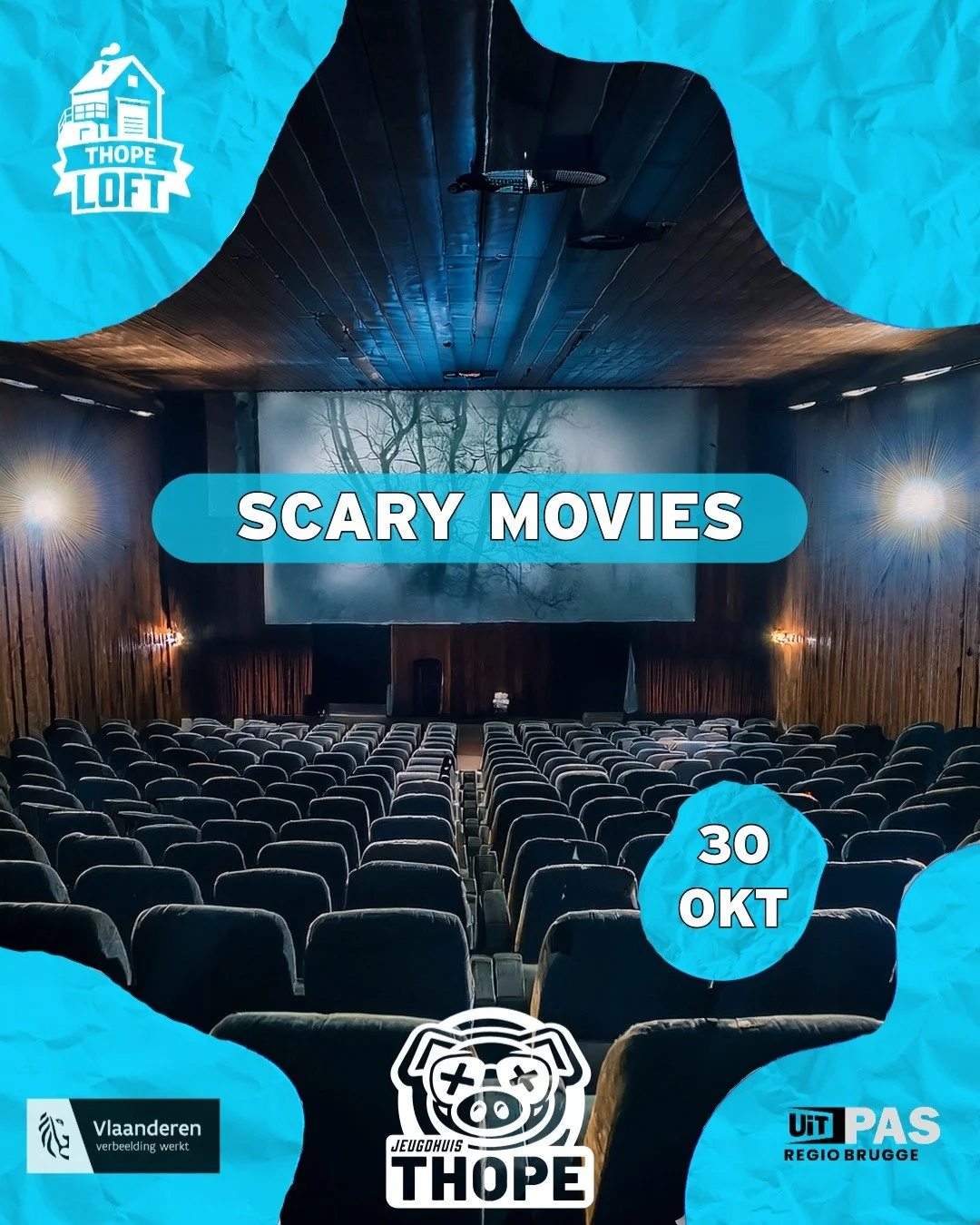๐ฌ Scary Movie Night @ Jeugdhuis Thope! ๐ป๐ฟ
Kom op donderdag 30 oktober naar Thope voor een enge filmavond op groot scherm! ๐
๐ Deuren open om 19u30
๐ We tonen een reeks scary movies!
๐ฟ Popcorn, snacks en drankjes zijn voorzien
๐ Jeugdhuis T