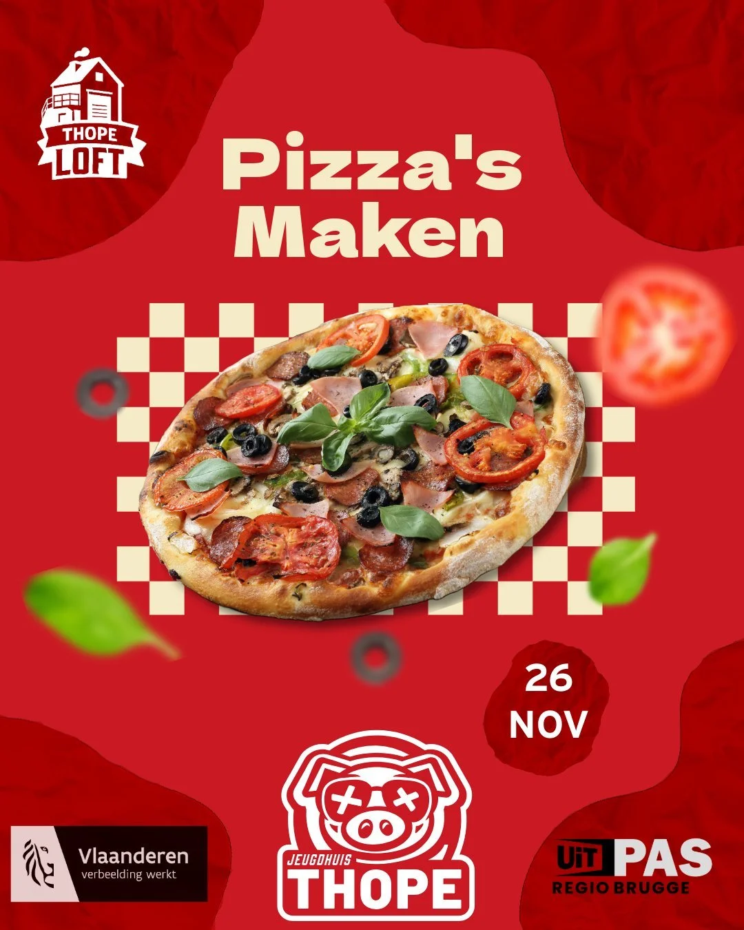 🍕 Pizza Workshop!
Op woensdag 27 november organiseren we in Jeugdhuis Thope een gezellige namiddag waar je zelf heerlijke pizza&rsquo;s kan maken.

📍 Jeugdhuis Thope
🕒 Start: 14u
💸 Gratis