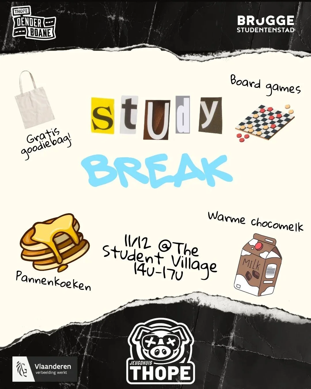 ✨ Studybreak @ The Student Village! ✨
Op donderdag 11 december zijn we met Jeugdhuis Thope van 14u tot 17u aanwezig in The Student Village met pannenkoeken, warme chocomelk, gezelschapsspelletjes en gratis goodiebags!!!!

Neem een welverdiende pauze,