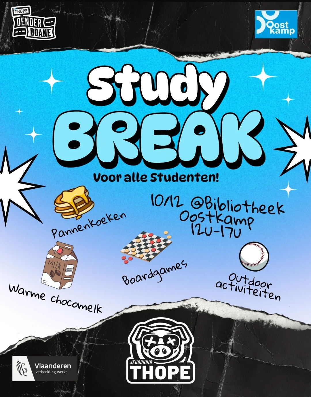 ✨ Studybreak @ Bibliotheek-Infopunt Oostkamp! ✨

Na onze gezellige Studybreak in The Student Village trekken we nu ook naar Oostkamp om jullie een warme en ontspannende studeerpauze te bezorgen! Op woensdag 10 december zijn we van 12u tot 17u aanwezi
