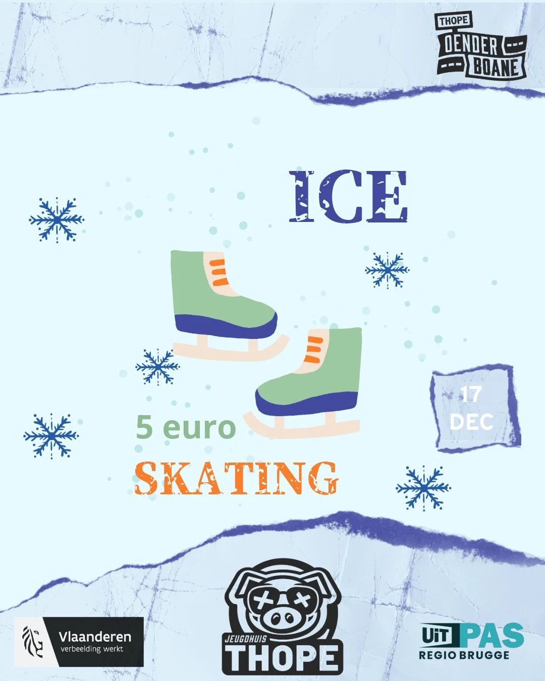 ❄️ Woensdag 17 december gaan we schaatsen! ❄️

Jeugdhuis Thope trekt naar de kerstmarkt van Brugge om samen een namiddag op het ijs door te brengen.
⏰ 14u &ndash; 17u
💸 Kostprijs: &euro;5 (incl. drankje + iets lekkers om te eten!)

We spreken af om 