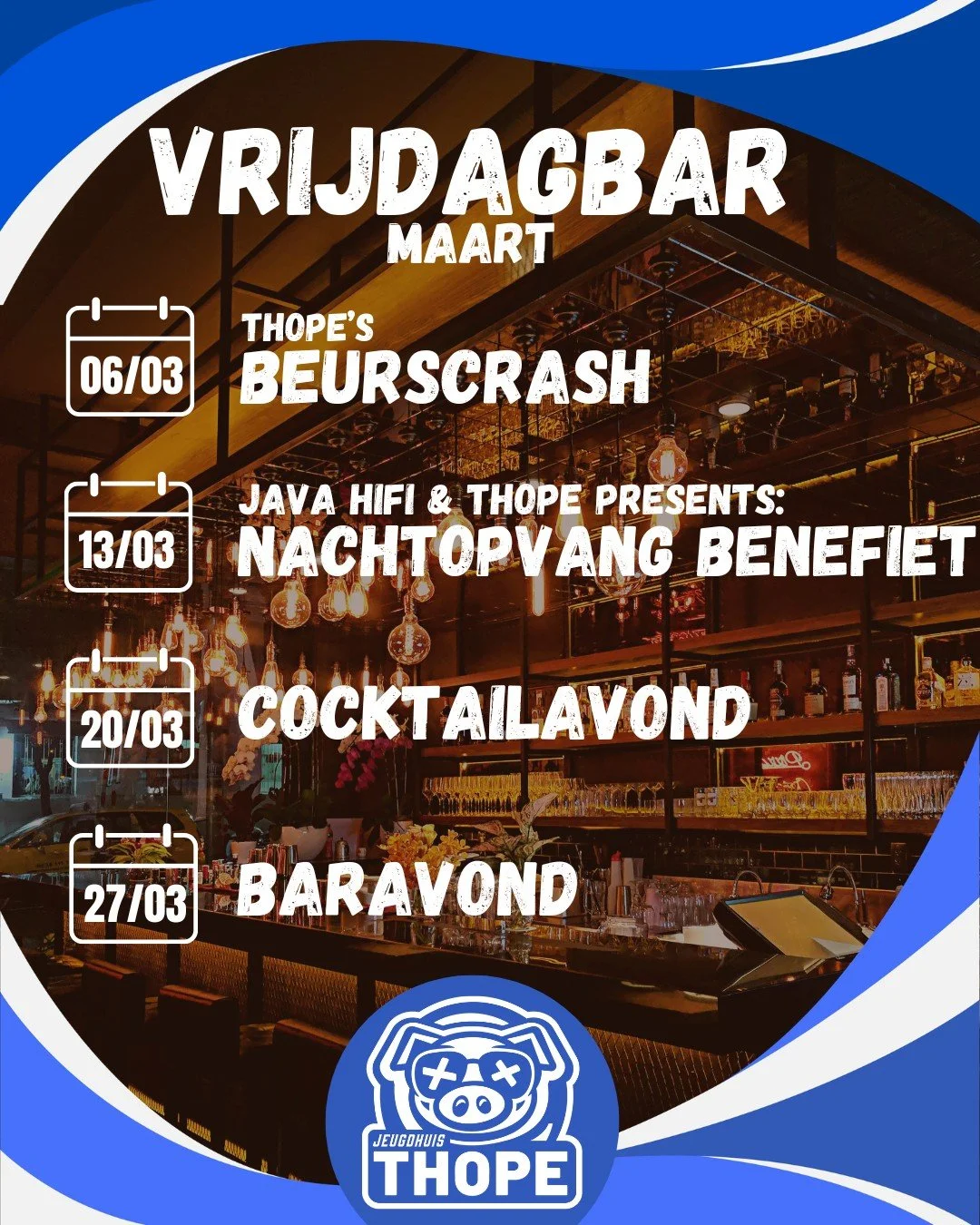 🍺VRIJDAGBAR MAART🍺

Elke vrijdag doet Jeugdhuis Thope haar deuren open van de kleine zaal om 20u. Een gezellige plek om samen te komen en ! GOEDKOOP ! iets te drinken met vrienden. Hier een overzicht van wat er te doen valt in maart:

📅6 maart📆
?