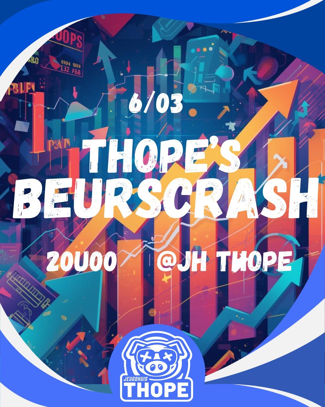 📈THOPE'S BEURSCRASH📉

Na 2 succesvolle sessies komt Jeugdhuis Thope terug met een beurscrash avond deze vrijdag!!!

Wat houdt dit in?

De prijzen van drank zullen hele avond fluctueren en worden bepaald door vraag &amp; aanbod. Deze worden op het s