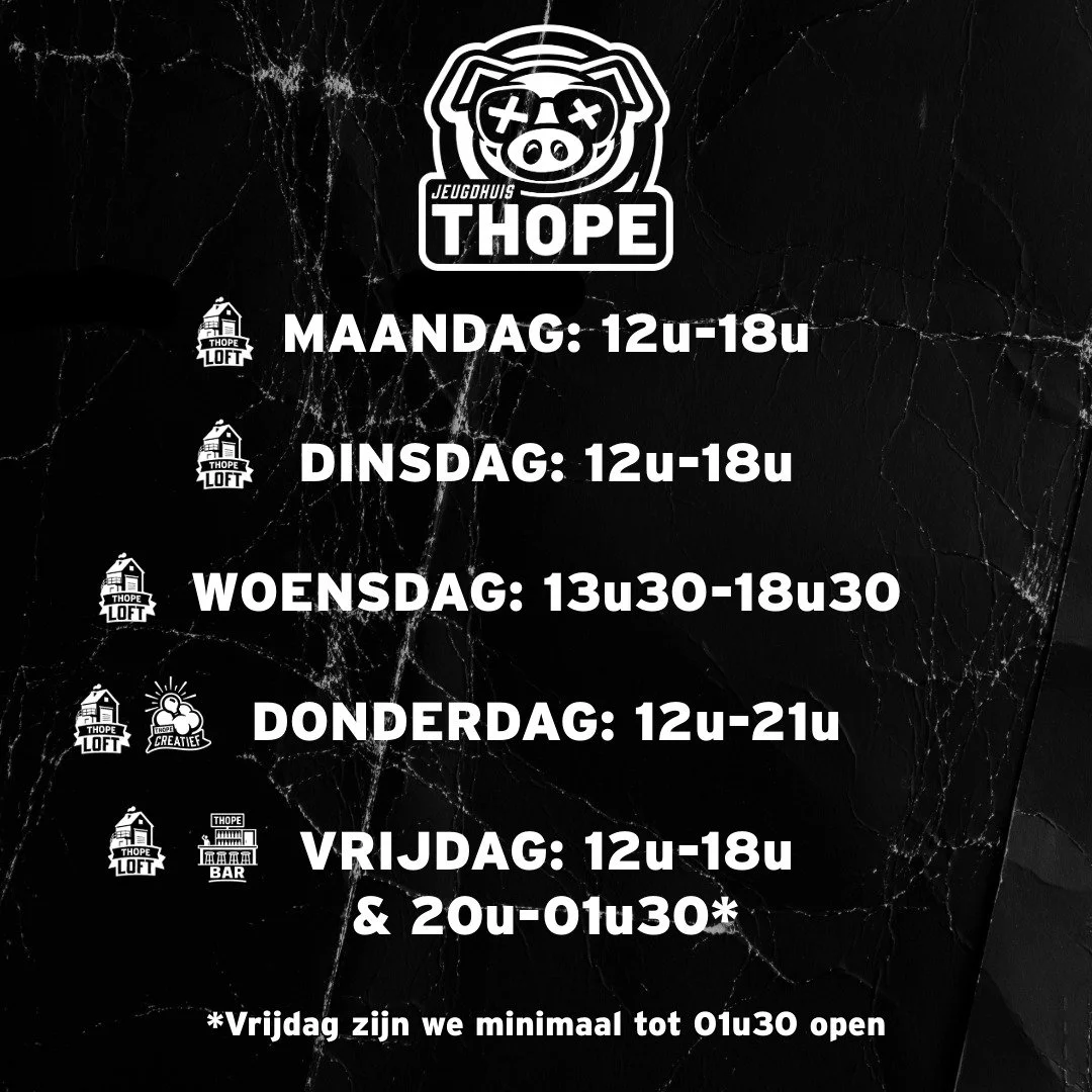 🔥 NIEUWE OPENINGSUREN bij Jeugdhuis Thope! 🔥

Goed nieuws! 🙌
Vanaf nu zijn we ook tijdens de middag open 🕛

👉 Ideaal voor jongeren die:
🍝 hun middagmaal willen eten
😌 even willen chillen

🕒 Onze openingsuren:

Maandag: 12u &ndash; 18u
Dinsdag