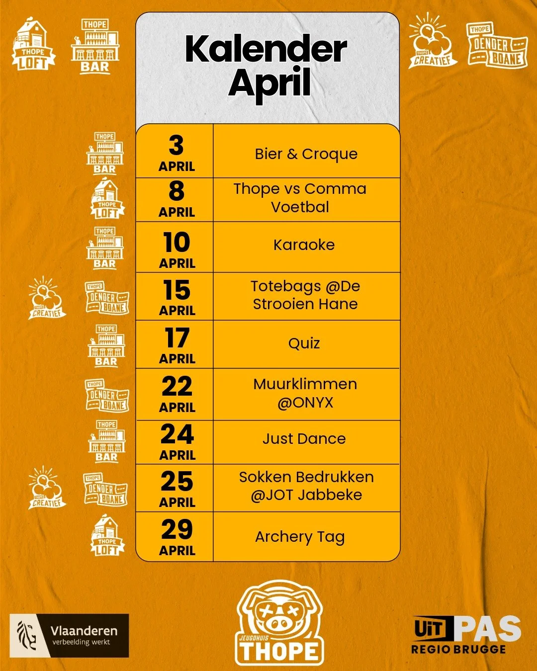 🎉April met Jeugdhuis Thope🎉

We hebben weer een drukke maand in petto! 

🍻 3/04 &ndash; Bier &amp; Croque Baravond 
⚽ 8/04 &ndash; Thope vs Comma Voetbal
🎤 10/04 &ndash; Karaoke Baravond 
👜 15/04 &ndash; Totebags @ De Strooien Hane
🧠 17/04 &nda