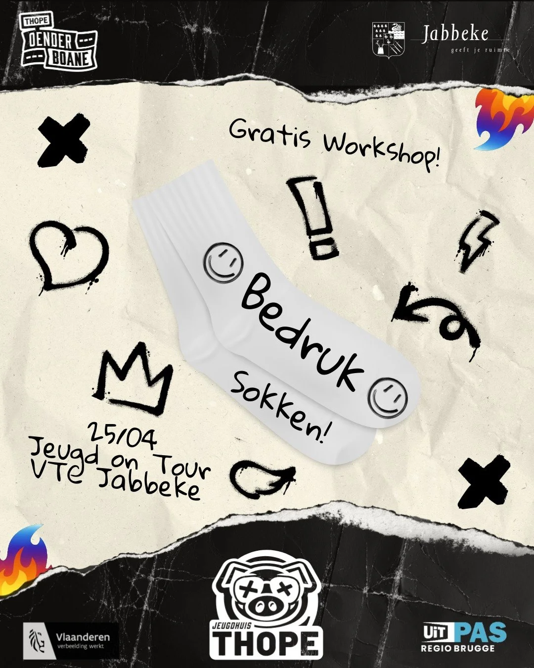 ✨ GRATIS WORKSHOP ALERT! ✨

Altijd al je eigen sokken willen ontwerpen? Dit is je kans! 
Kom naar onze workshop sokken bedrukken en maak jouw unieke paar!

📍 Jabbeke
📅 25/04
🎉 Tijdens Jeugd on Tour @ VTC Jabbeke

Het is volledig gratis, dus kom ma