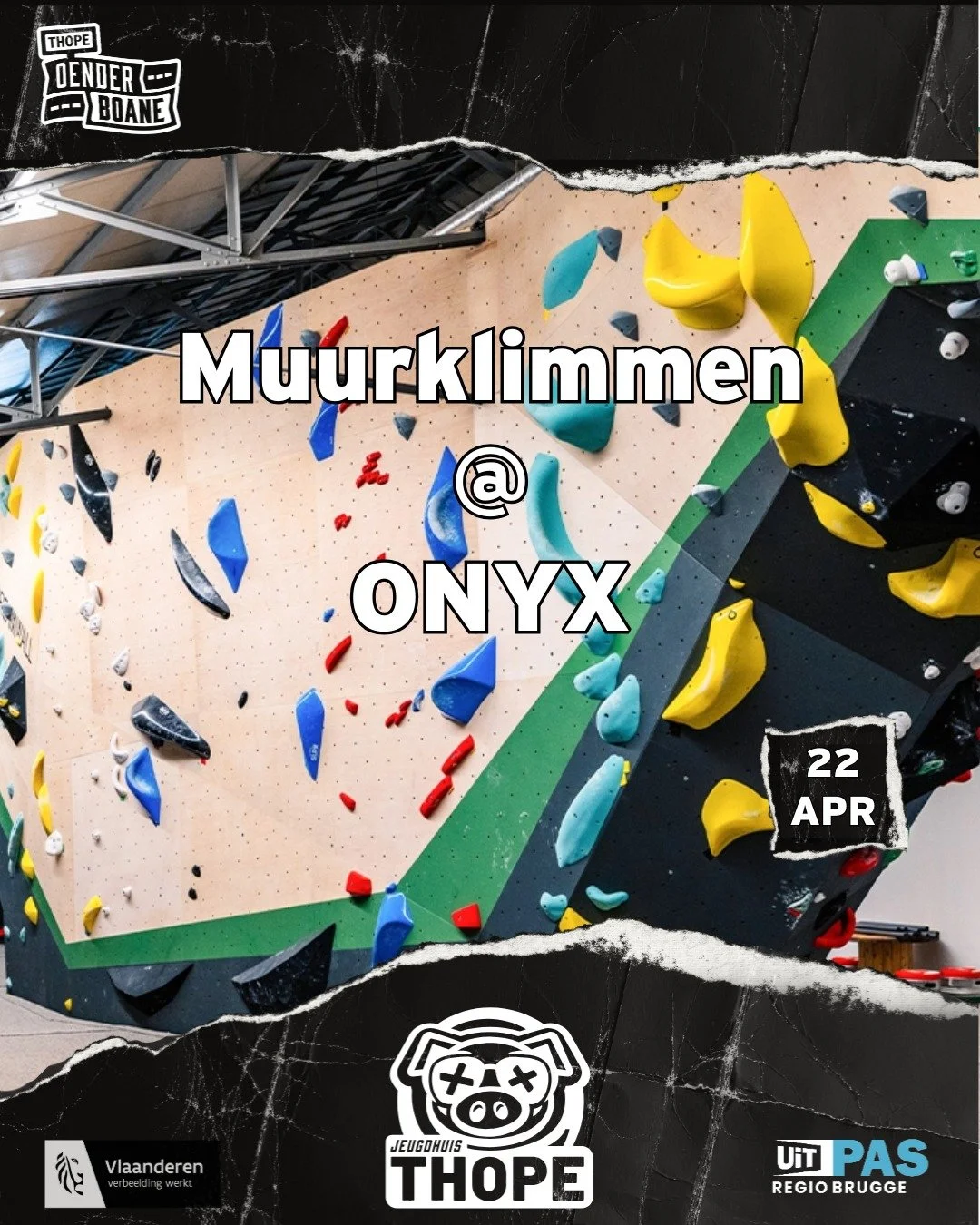 We gaan samen muurklimmen bij Onyx Brugge voor een sportieve en uitdagende namiddag! 🧗&zwj;♂️🔥

📅 Woensdag 22 april
📍 Afspraak aan het jeugdhuis om 14u.
💰 Kostprijs: &euro;10 per persoon. Personen met een uitpas kansentarief betalen maar &euro;2
