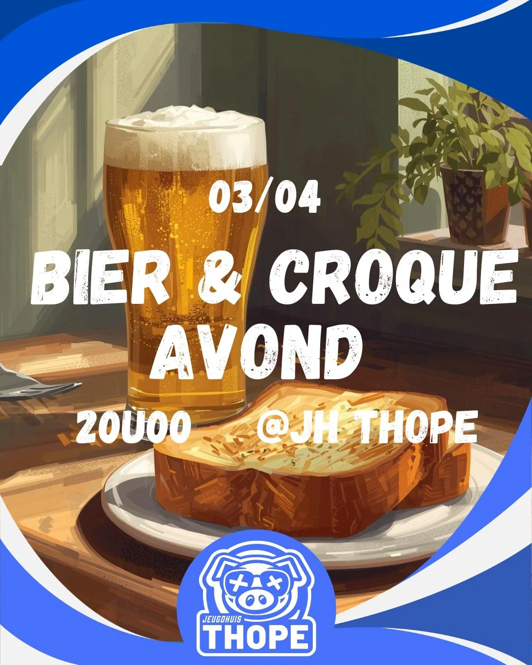 🍺VRIJDAGSBAR🍺

Morgen (3/04) is het bier &amp; croques avond in Jeugdhuis Thope!! Om 20u is iedereen welkom om frisse pintjes te drinken met heerlijke croques aan .... 1 EURO !!! 😱😱😱 

Kom dus ZEKER eens langs!
Tot dan!

🎵🍺