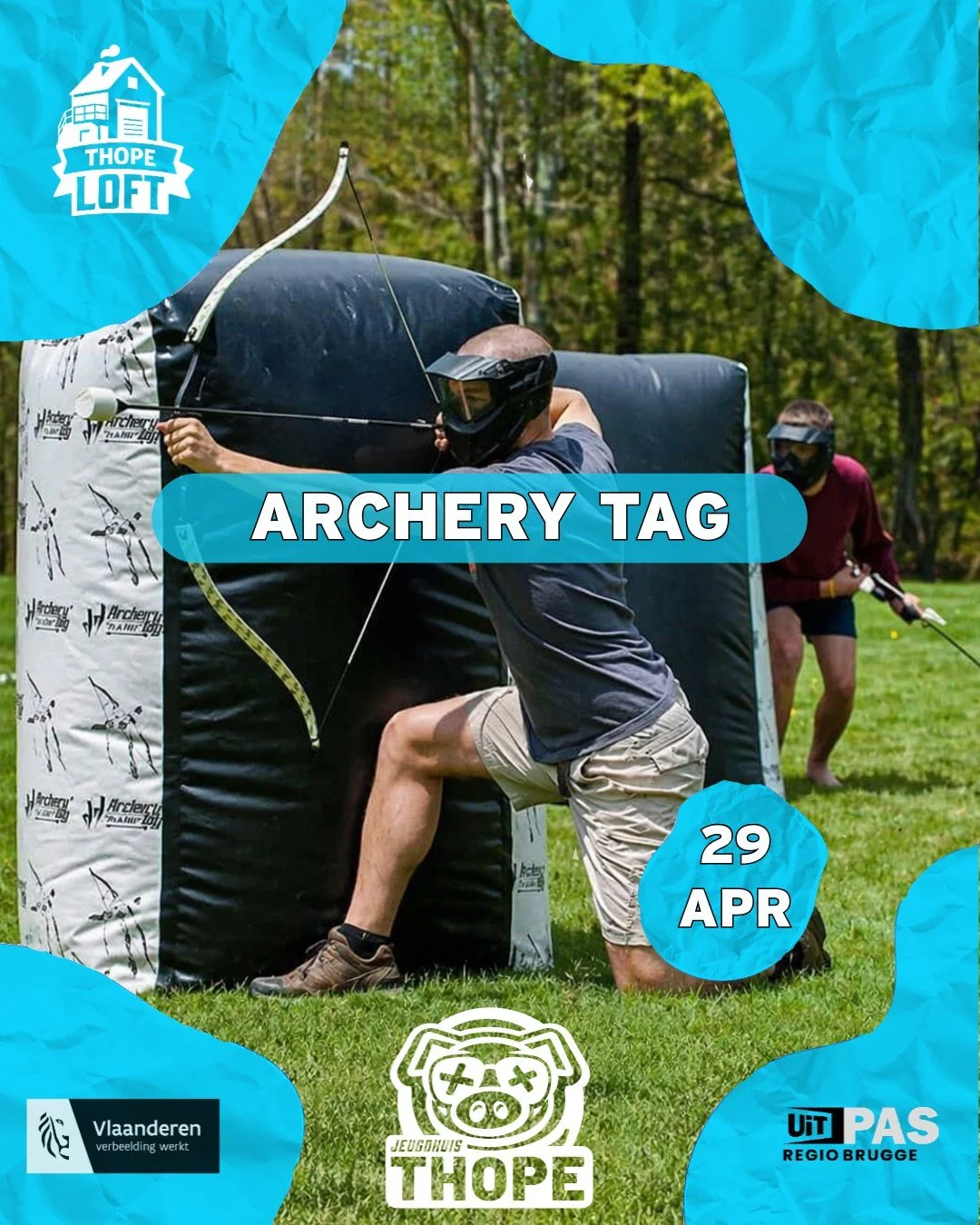 🎯Archery Tag @ Jeugdhuis Thope!🎯

Op woensdag 29 april spelen we Archery Tag in Jeugdhuis Thope. Een soort van paintball, maar dan met pijlen! Iedereen is welkom vanaf 14u! (HET IS VOLLEDIG GRATIS!)

📅 Woensdag 29 april
📍 Welkom vanaf 14u in het 