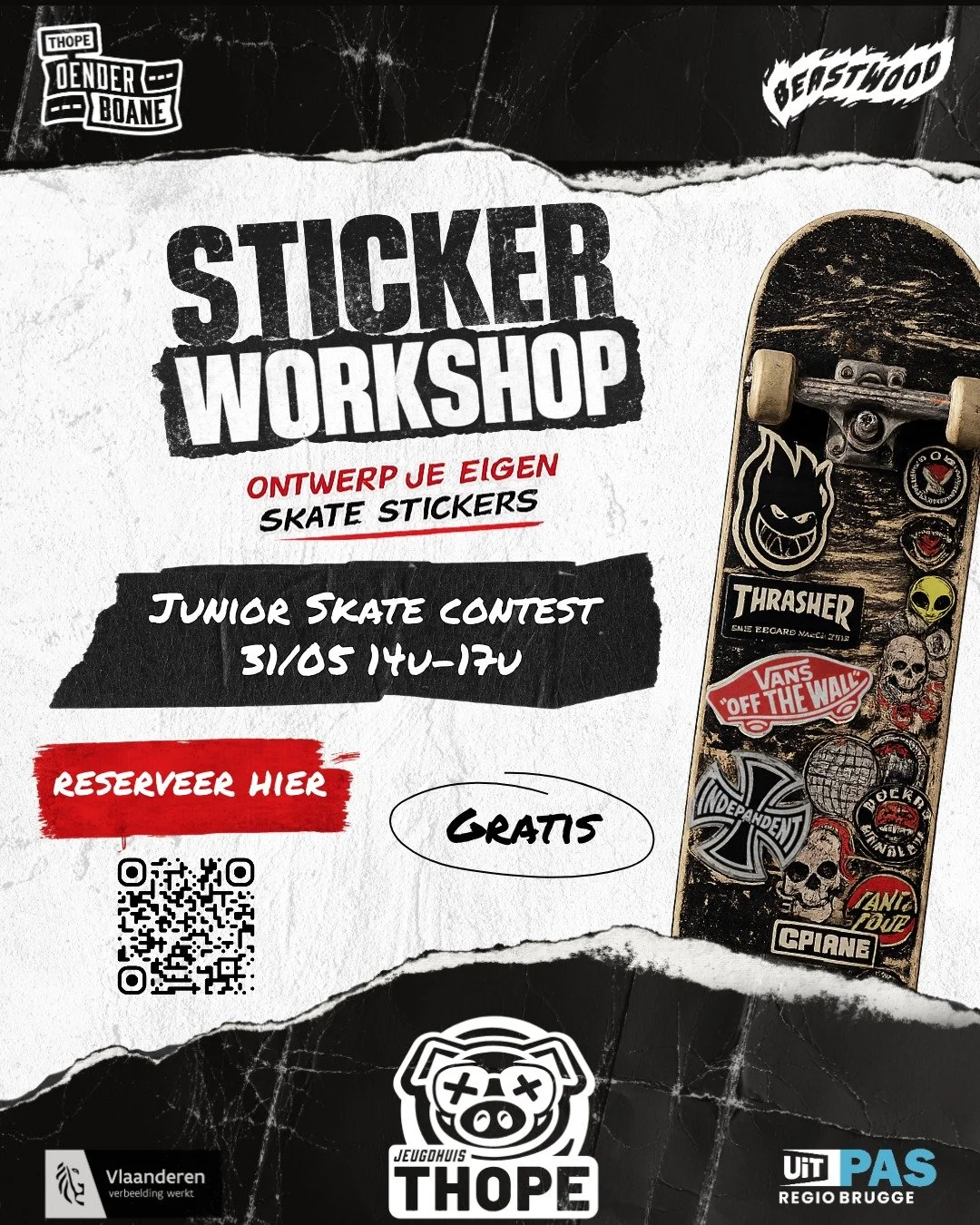 ✨ GRATIS STICKER-WORKSHOP @ Junior Skate Contest in Beastwood! ✨

Op zaterdag 31 mei van 14u tot 17u kan je langskomen voor een creatieve sticker-workshop tijdens de Junior Skate Contest in Beastwood! 🎨🔥

Ontwerp je eigen unieke stickers en laat je