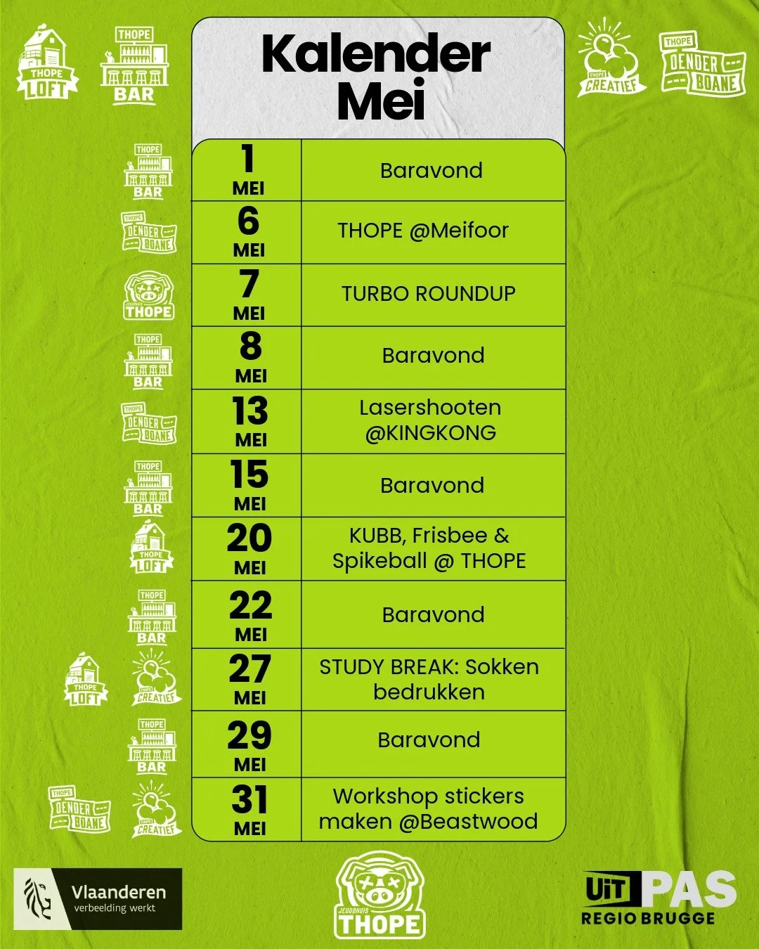 🎉Mei met Jeugdhuis Thope🎉
We hebben weer een drukke maand in petto!
🍻 1/05 &ndash; Baravond
🎪 6/05 &ndash; THOPE @ Meifoor
💼 7/05 &ndash; Turbo Roundup
🍻 8/05 &ndash; Baravond
🔫 13/05 &ndash; Lasershooten @ KINGKONG
🍻 15/05 &ndash; Baravond
?