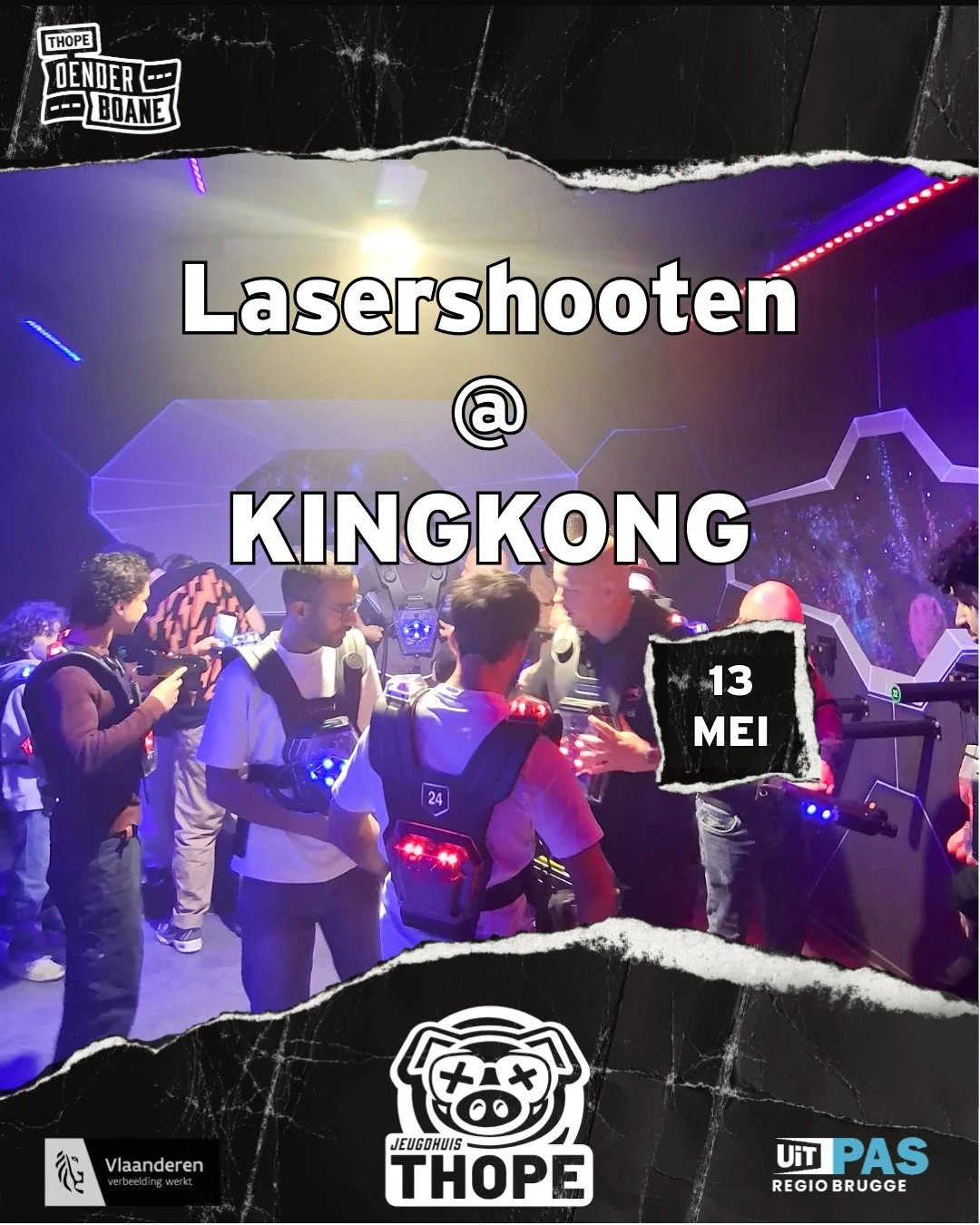 🎯Lasershooten @kingkong 🎯
 
Woensdag 13 mei duiken we de actie in met een spannende lasershooting bij King Kong! Wie heeft de beste reflexen en het beste doel? 

🗓️ Woensdag 13 mei 
📍 We spreken af om 14u aan het Jeugdhuis
💲 Prijs : 15 euro per 