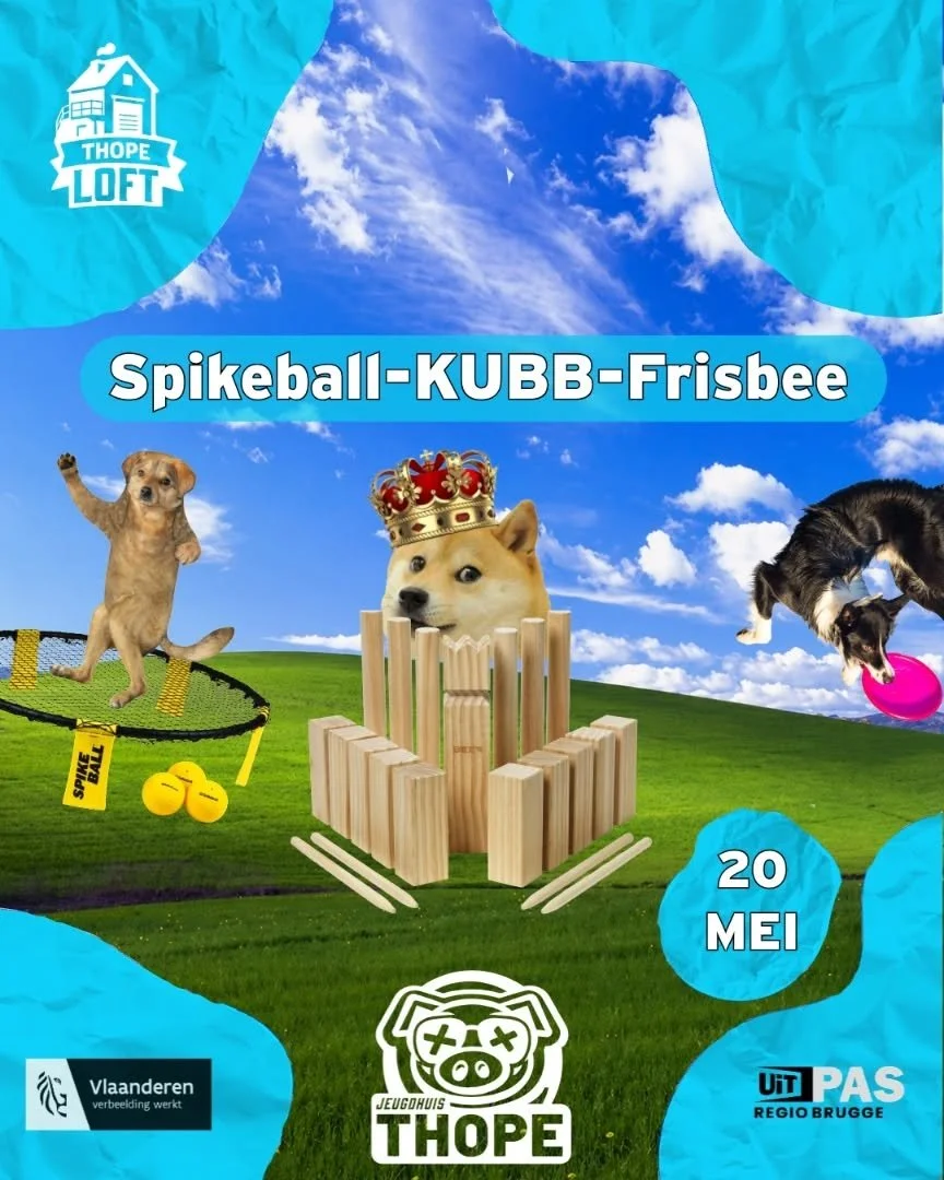 🥏Kubb , Frisbee en Spikeball @Thope 🥏
Woensdag 20 mei maken we het gezellig &eacute;n actief met kubb ,frisbee en spikeball bij ons Jeugdhuis! Ideaal om samen buiten te chillen en wat competitie eraan toe te voegen! 

🗓️ Woensdag 20 mei 
📍We spre