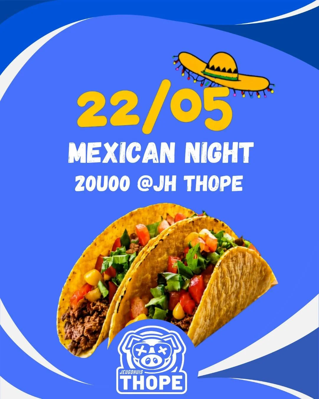 🌮Vrijdag Bar🌮

Deze vrijdag (22/05) is het Mexican Night in Jeugdhuis Thope!!! Nacho&rsquo;s on the table , tequila shots in the hand! 

See you there 🌵