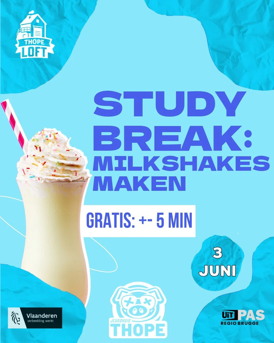 🎉 Milkshakes maken @ Jeugdhuis Thope! 🥤

Op woensdag 3 juni maken we milkshakes in Jeugdhuis Thope! Ideaal voor mensen die even willen pauzeren van het studeren :)! 
Iedereen is welkom vanaf 14u! (HET IS VOLLEDIG GRATIS!)

📅 Dinsdag 3 juni
📍 Welk