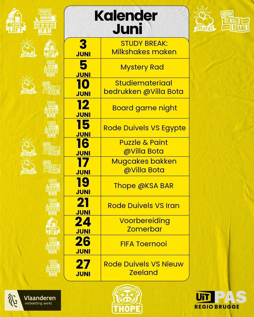 🎉 Juni met Jeugdhuis Thope 🎉
Ook deze maand hebben we weer heel wat leuke activiteiten voor jullie klaarstaan!👇

🥤 3/06 &ndash; Study Break: Milkshakes maken
🎲 5/06 &ndash; Mystery Rad
🖨️ 10/06 &ndash; Studiemateriaal bedrukken @ Villa Bota
🎯 