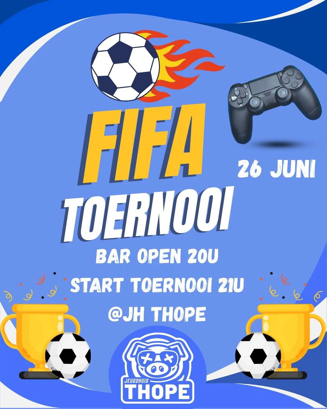 ⚽ Vrijdagavond Bar ⚽

Vrijdag 26 juni verandert het jeugdhuis in een echte Champions League 🔥. Neem je skills mee, daag je vrienden uit en strijd voor de overwinning 🏆🎮! 

Denk jij dat je de beste bent? Kom het dan bewijzen! 
De 1e plaats krijgt e