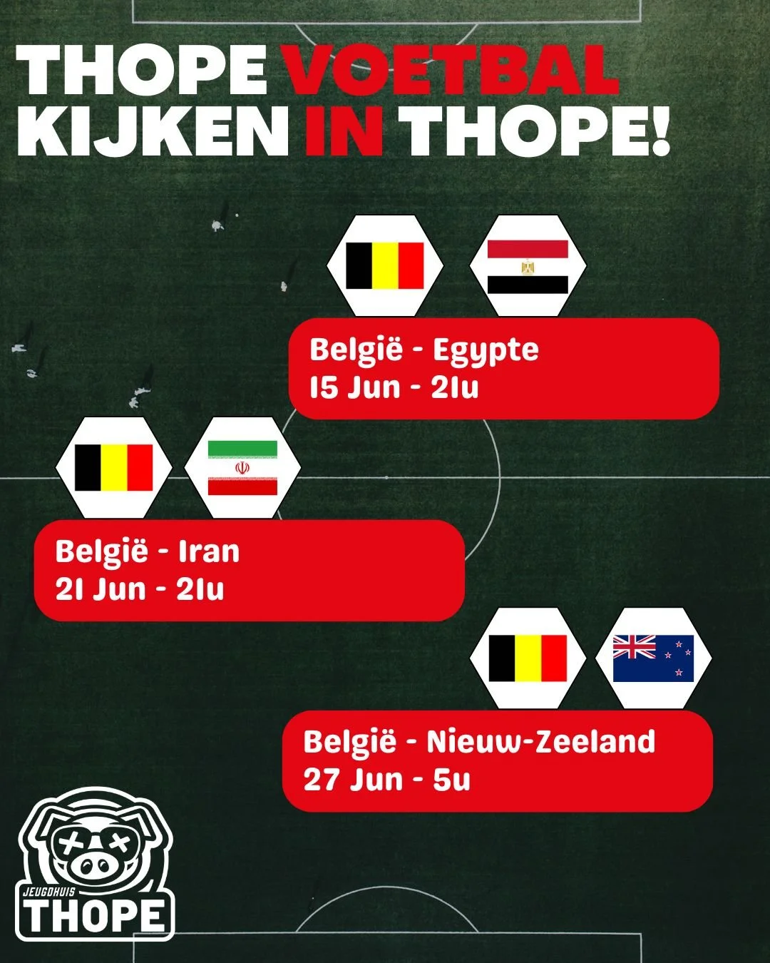 🖤💛❤️ Rode Duivels op groot scherm! 🖤💛❤️

Het is weer zover! Onze Rode Duivels trekken naar Amerika, en dat laten we niet onopgemerkt voorbijgaan. Kom de wedstrijden samen met andere supporters beleven op groot scherm in Thope! ⚽🔥

📅 Wedstrijden