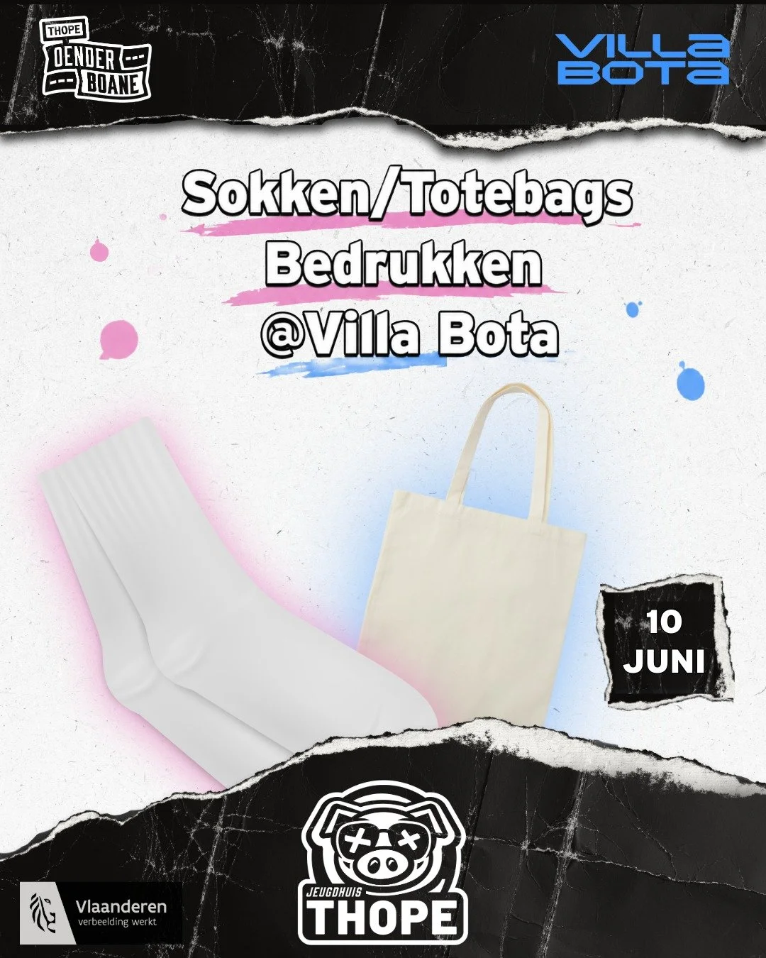 Studybreak @ Villa Bota

Deze woensdag kan je ons vinden in Villa Bota voor sokken en totebags te bedrukken van 14u tot en met 17u! Het is gratis, dus kom maar af h&eacute;.

Tot dan h&eacute;! 
Met de steun van de Vlaamse Overheid. 🦁