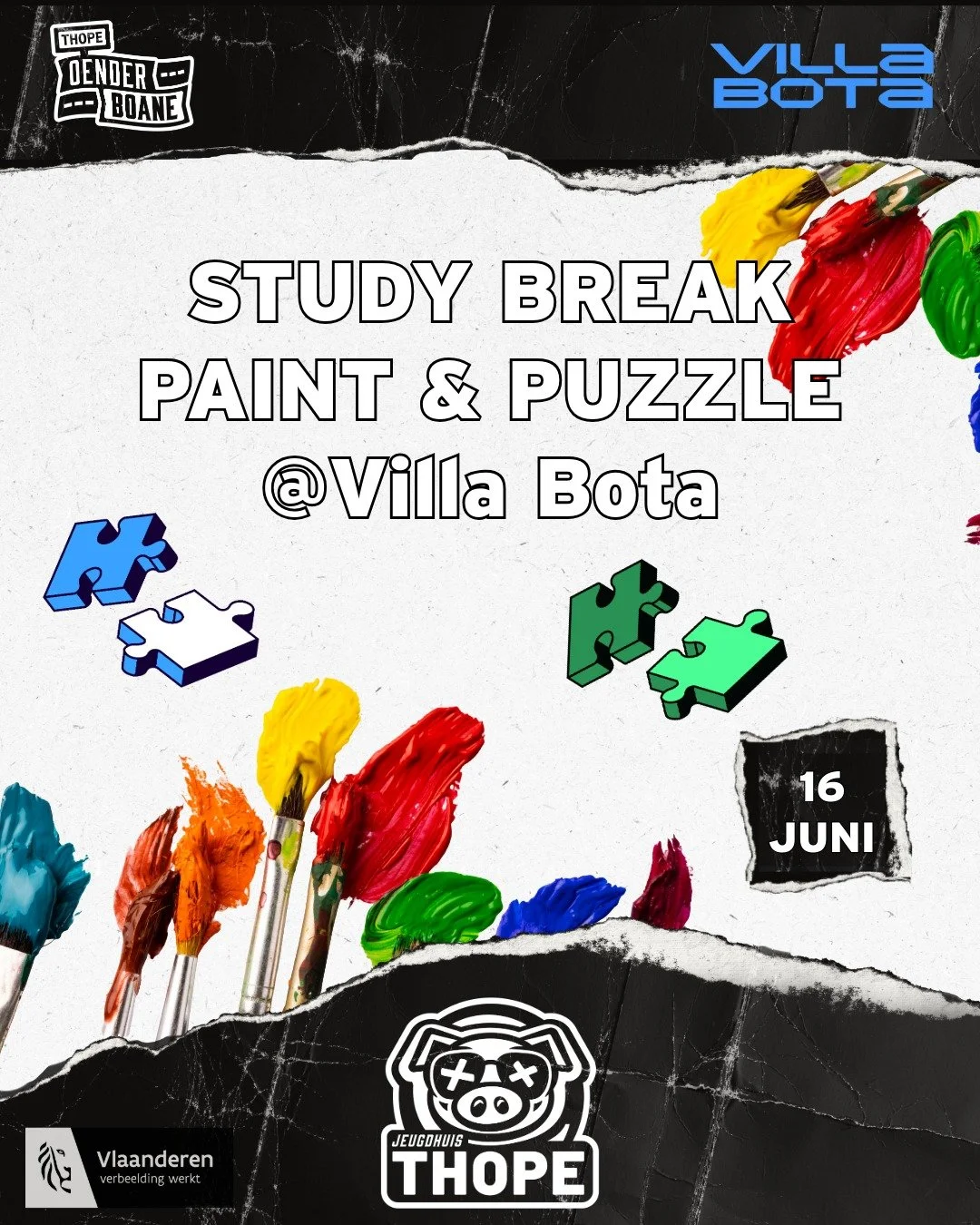 Studybreak @ Villa Bota

Volgende week dinsdag kan je ons weer vinden in Villa Bota sudoku's en kleurboeken moest je nood hebben voor een pauze! Gratis snacks zijn er ook :)

Tot dan h&eacute;!
Met de steun van de Vlaamse Overheid. 🦁