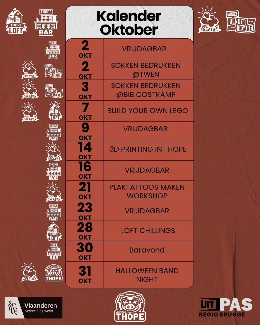 Onze planning voor oktober!!! 
2 oktober &mdash; Vrijdagbar
2 oktober &mdash; Sokken bedrukken @ TWEN
3 oktober &mdash; Sokken bedrukken @ BIB Oostkamp
7 oktober &mdash; Build Your Own LEGO
9 oktober &mdash; Vrijdagbar
14 oktober &mdash; 3D-printing 