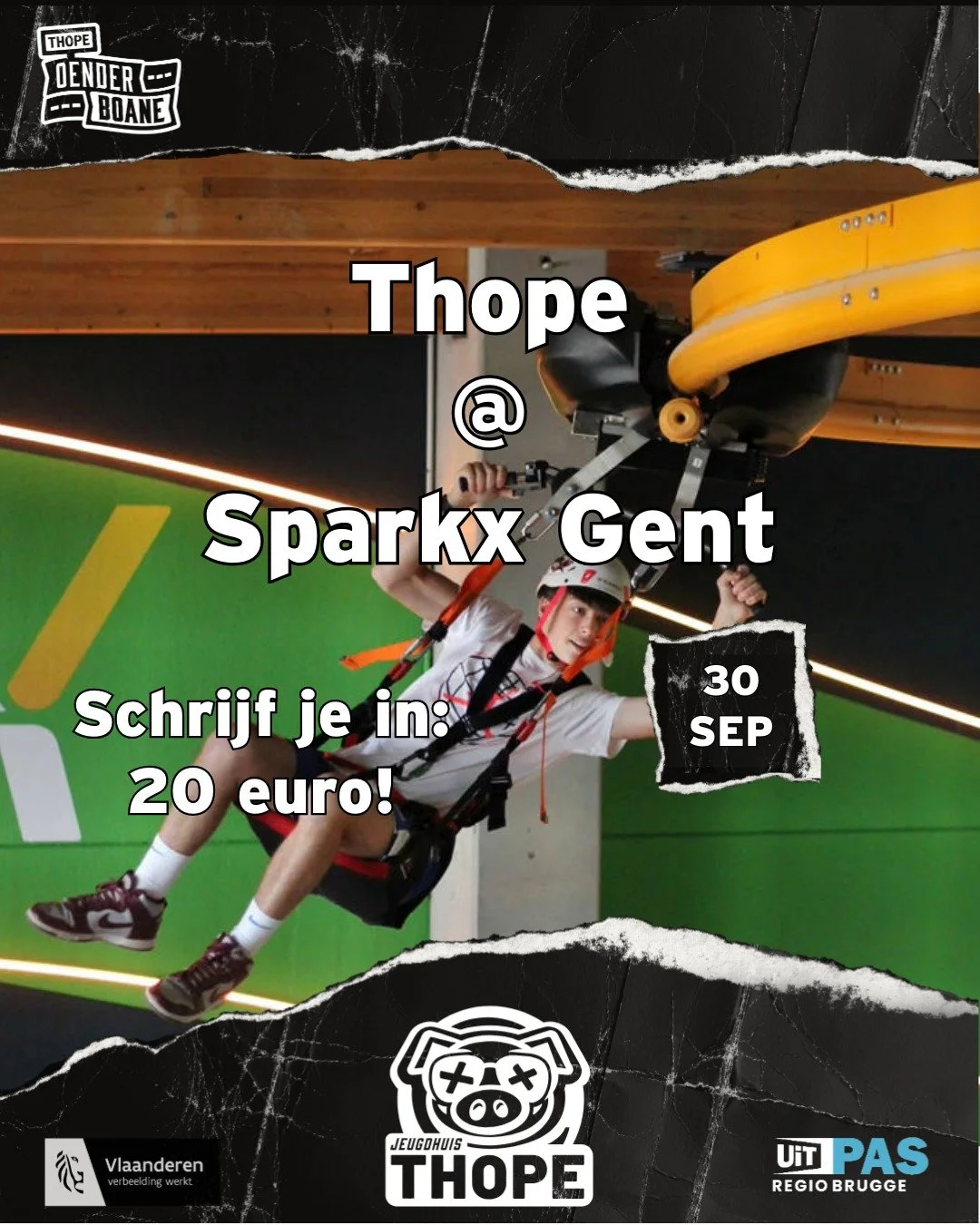 Wij gaan naar SPARKX GENT!

Woensdag 30/09 gaan we naar SPARKX GENT.
Hiervoor moeten wij natuurlijk reserveren en jullie inschrijven
 
Inschrijven kan tot en met ZONDAG 27/09.
De activiteit kost &euro;20 per persoon. (Ingang park + vervoer)
Gelieve p