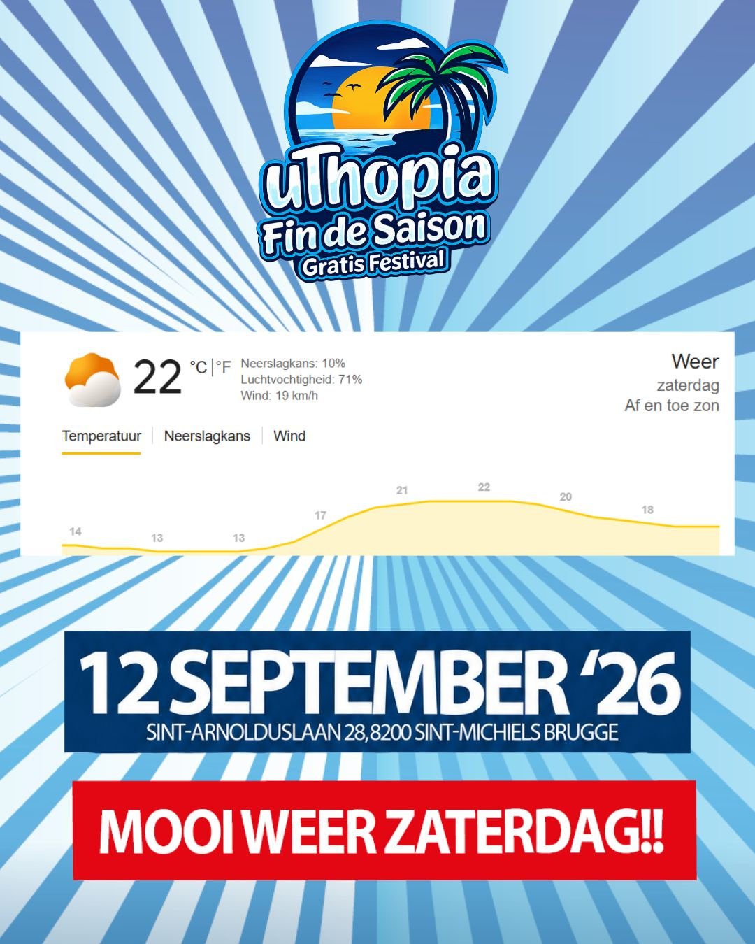 De weersvoorspelling zit goed voor zaterdag. Geen regen en een zonnetje op onze festivaldag! Dus kom maar zeker af eh!!!