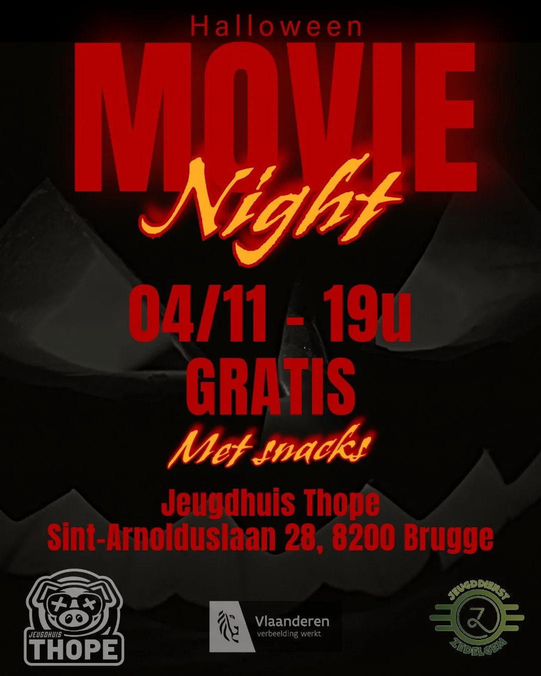 HALLOWEEN MOVIE NIGHT IN THOPE 

Zin in een Halloween film?  Op 4 november organiseren wij  een Halloween Movie Night en kijken we samen naar Sinners!

Samen met Jeugddienst Zedelgem maken we er een gezellige filmavond van!
🍿 Gratis snacks
🥤 Gratis