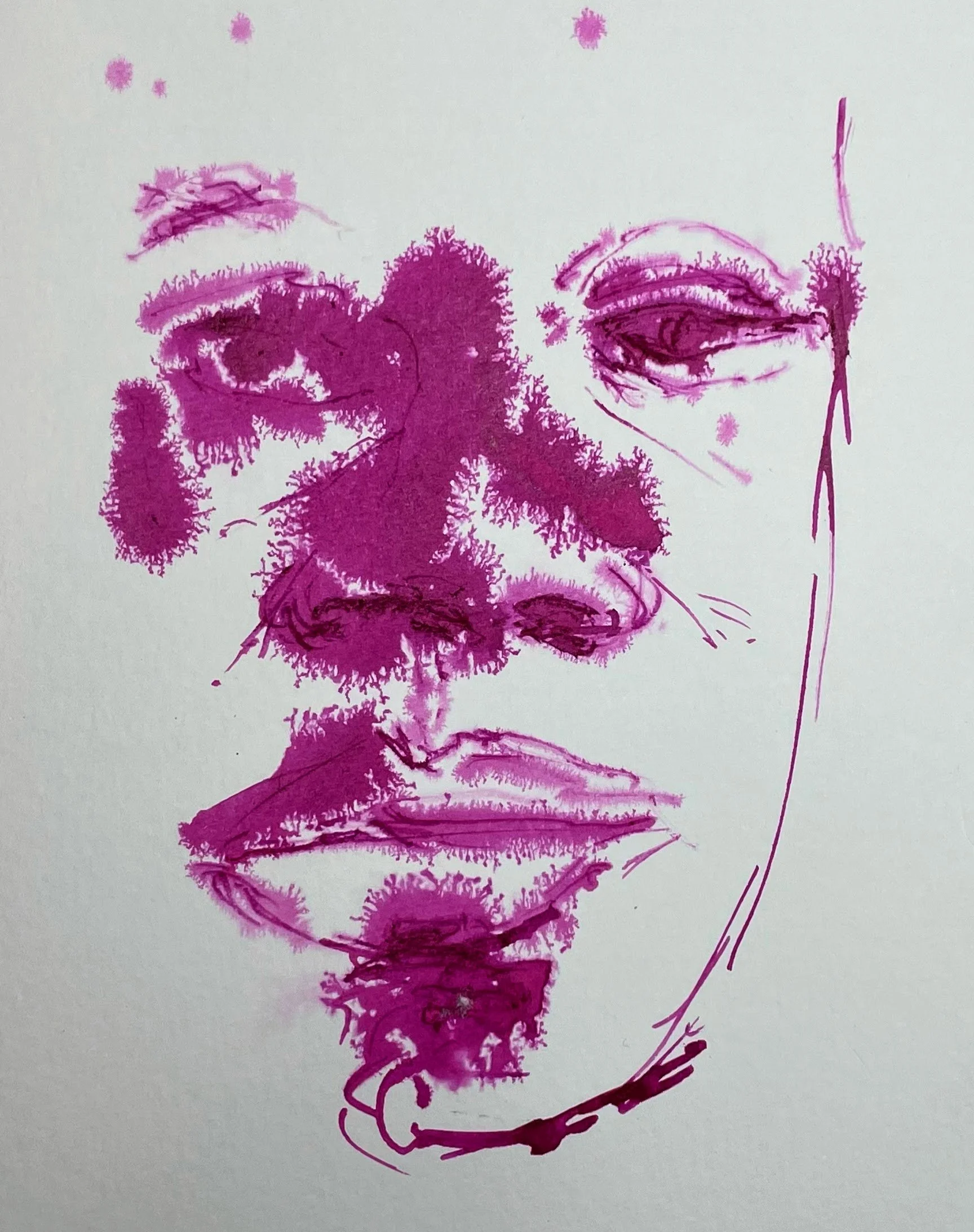 Purple ink drawing of a face by artist David Barron
